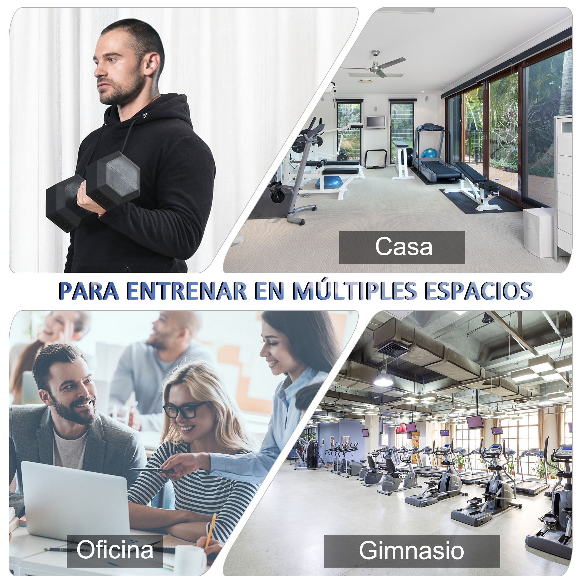 Un collage de imágenes que muestran lugares de ejercicio: una persona con pesas, un gimnasio en casa, una oficina y un gimnasio.