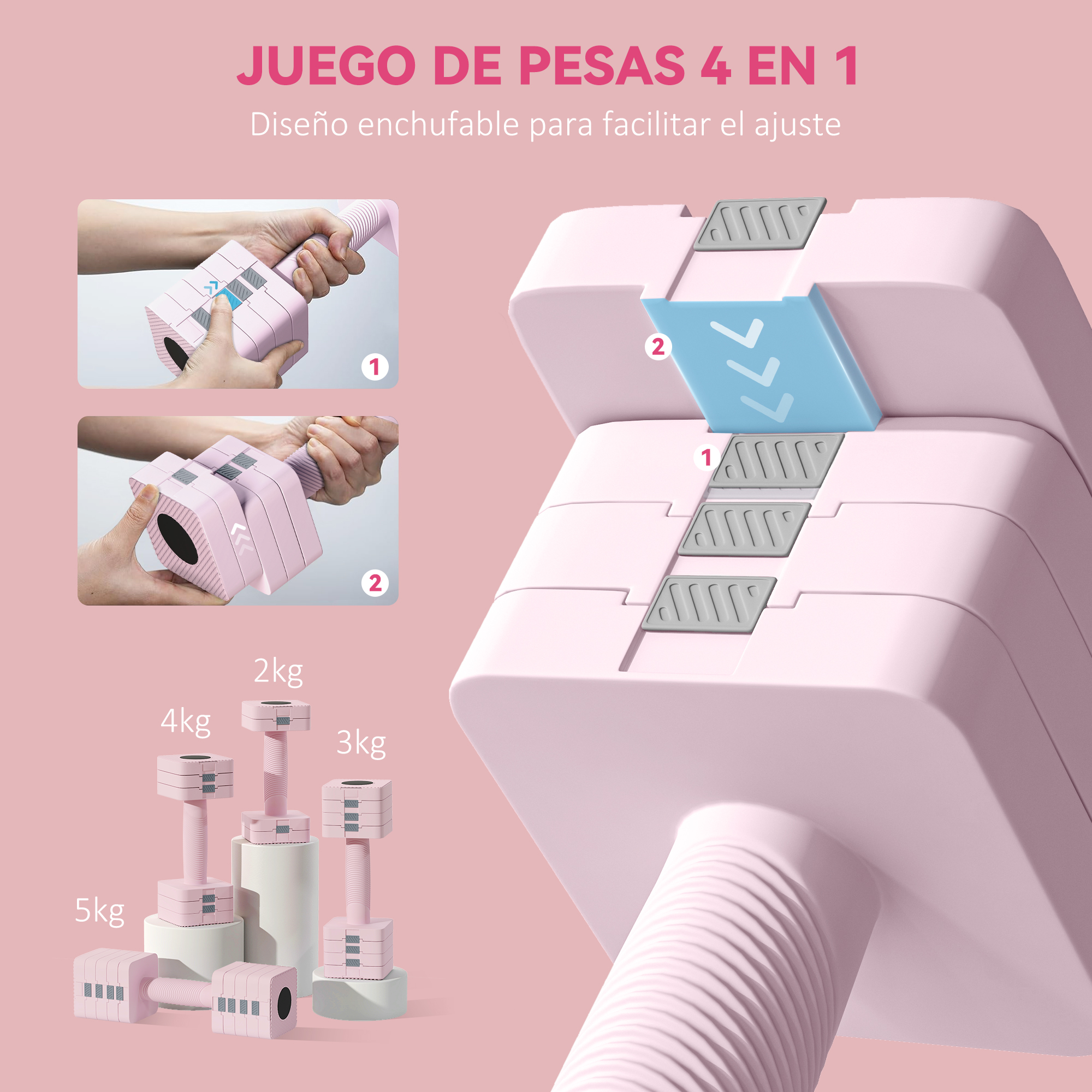 Mancuernas rosas con pesos ajustables, mostrando montaje y opciones de peso.