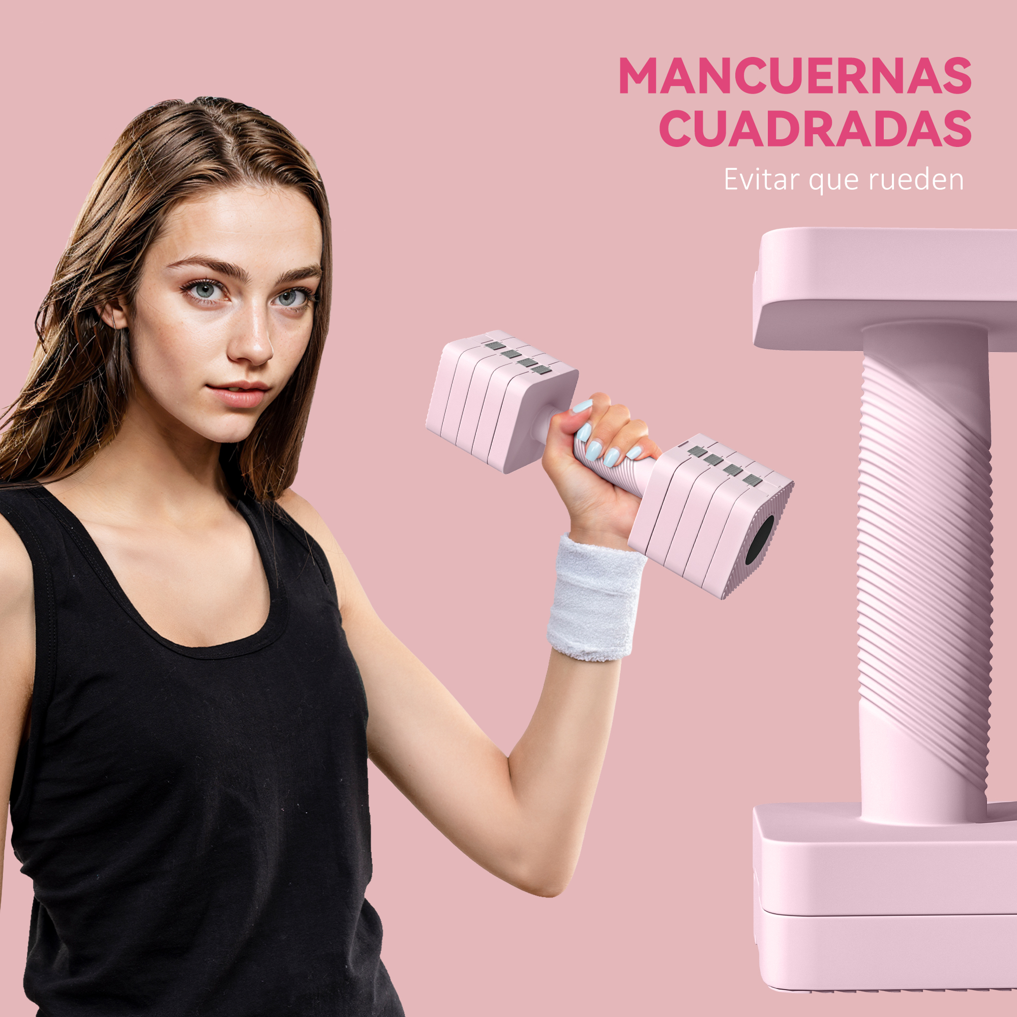 Una mujer sosteniendo una mancuerna rosa. El texto dice 'Mancuernas Cuadradas Evitar que rueden'.