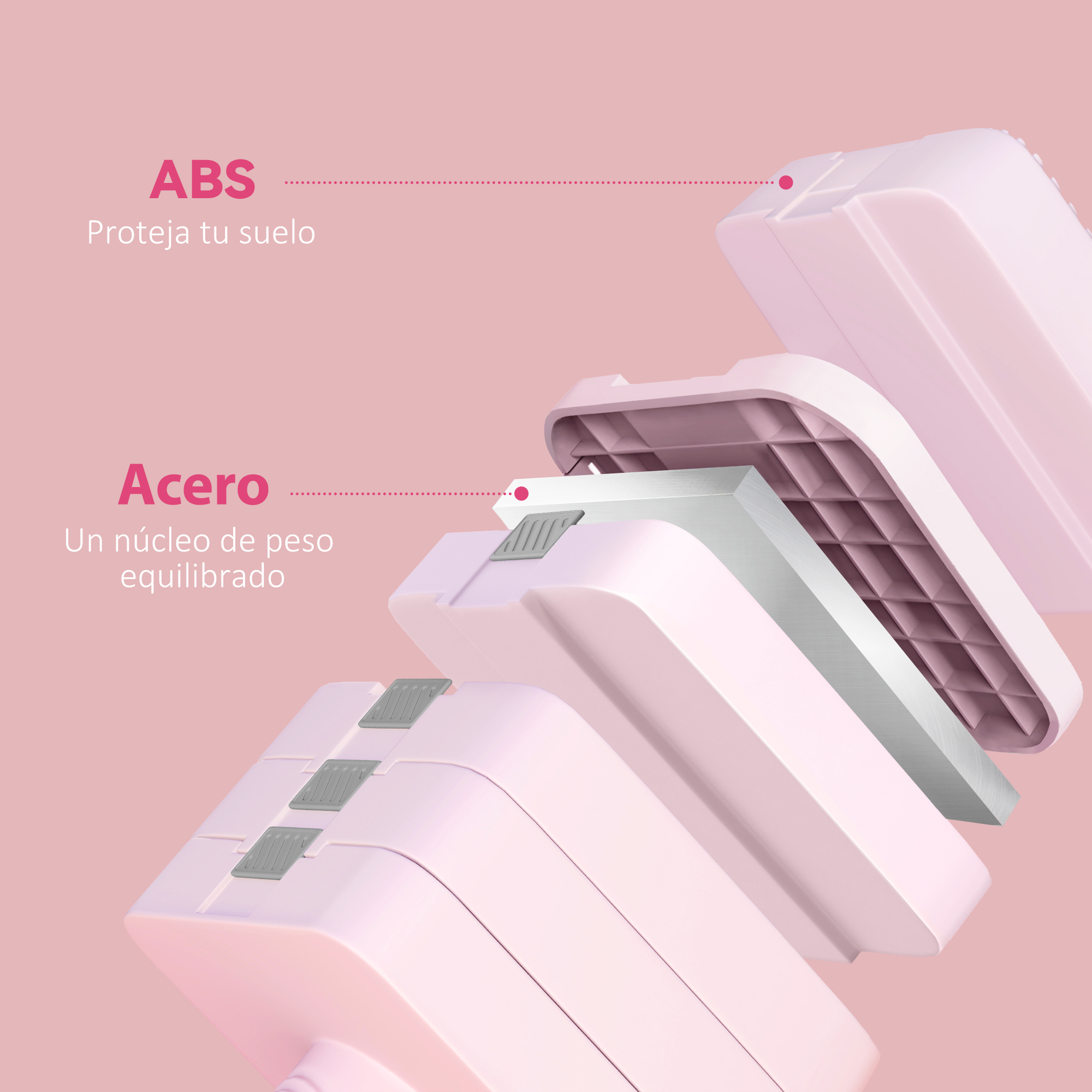 Vista explotada de un dispositivo rosa. Muestra capas de ABS y componentes de acero. Hay texto en español.