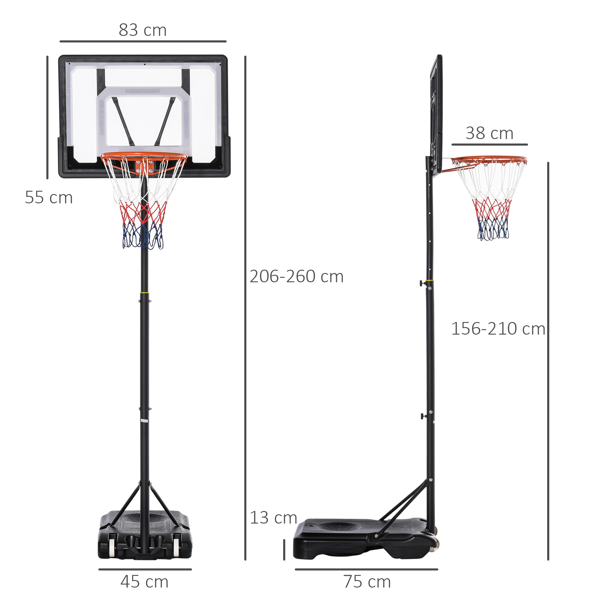 Canasta de baloncesto con dimensiones. Se muestran dos opciones de altura.