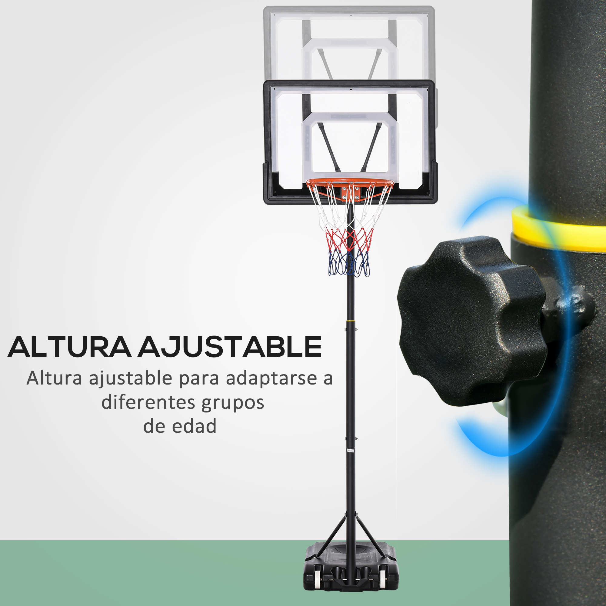 Canasta de baloncesto ajustable en un poste con base, texto en español indica ajustabilidad.