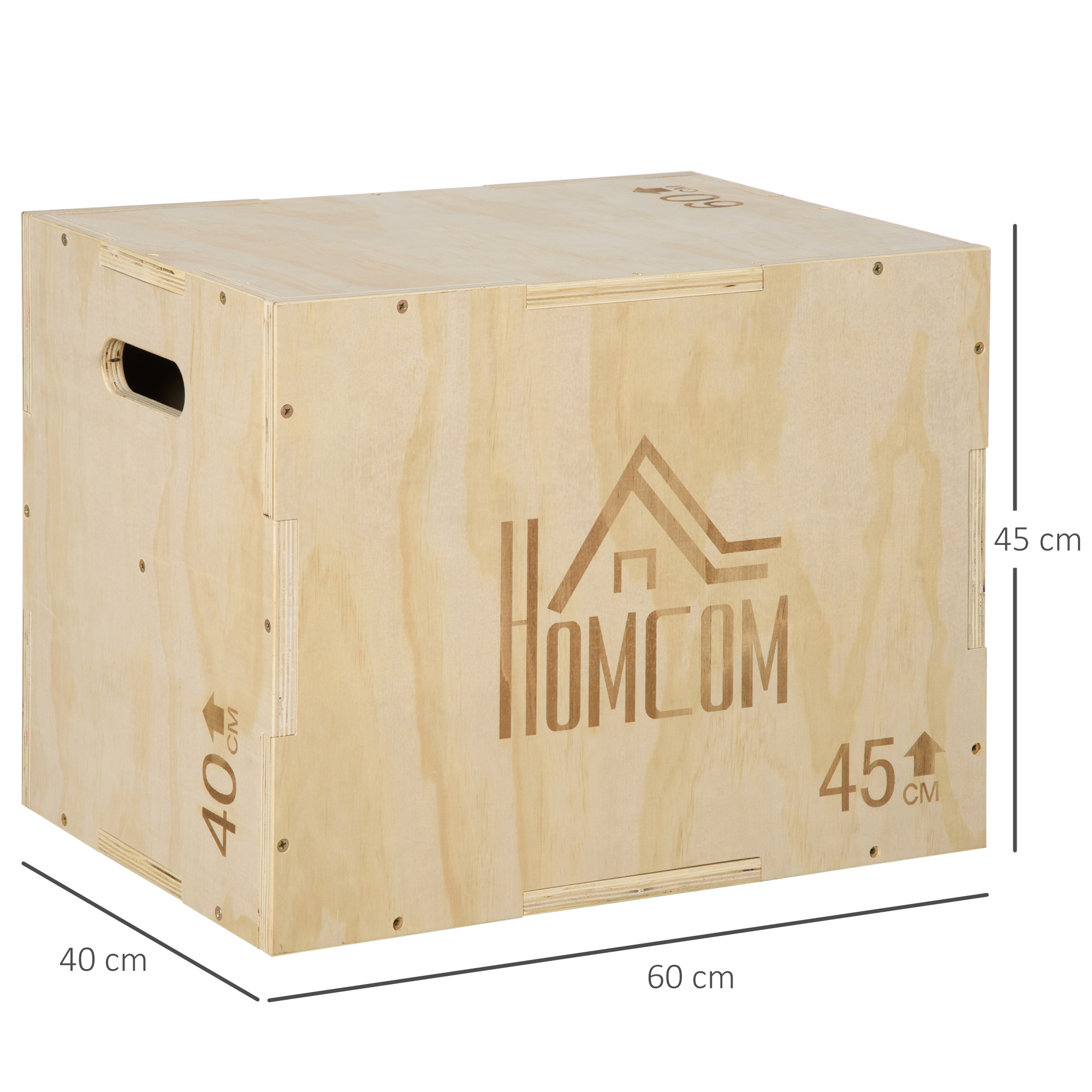 Una caja de madera con medidas y un logotipo de Homecom impreso.
