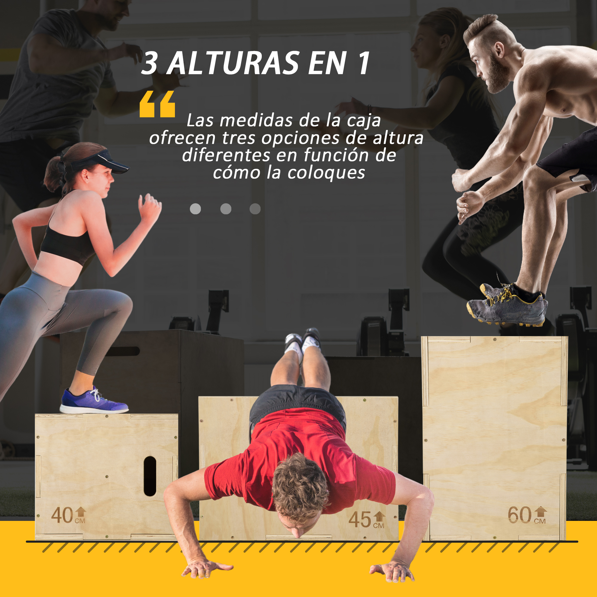 Gente ejercitándose en cajas de madera; texto dice: '3 alturas en 1'.
