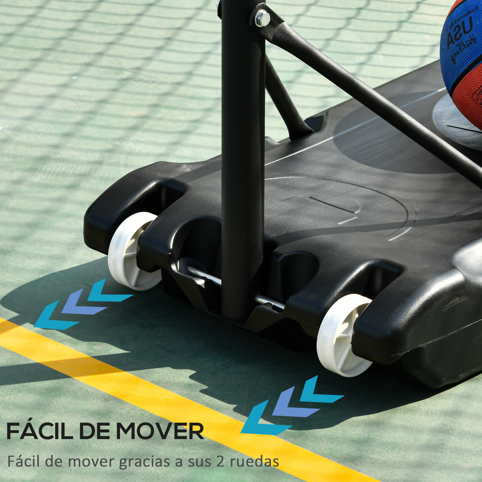Base de aro de baloncesto con ruedas y flechas de movimiento. Texto: 'Fácil de mover'.