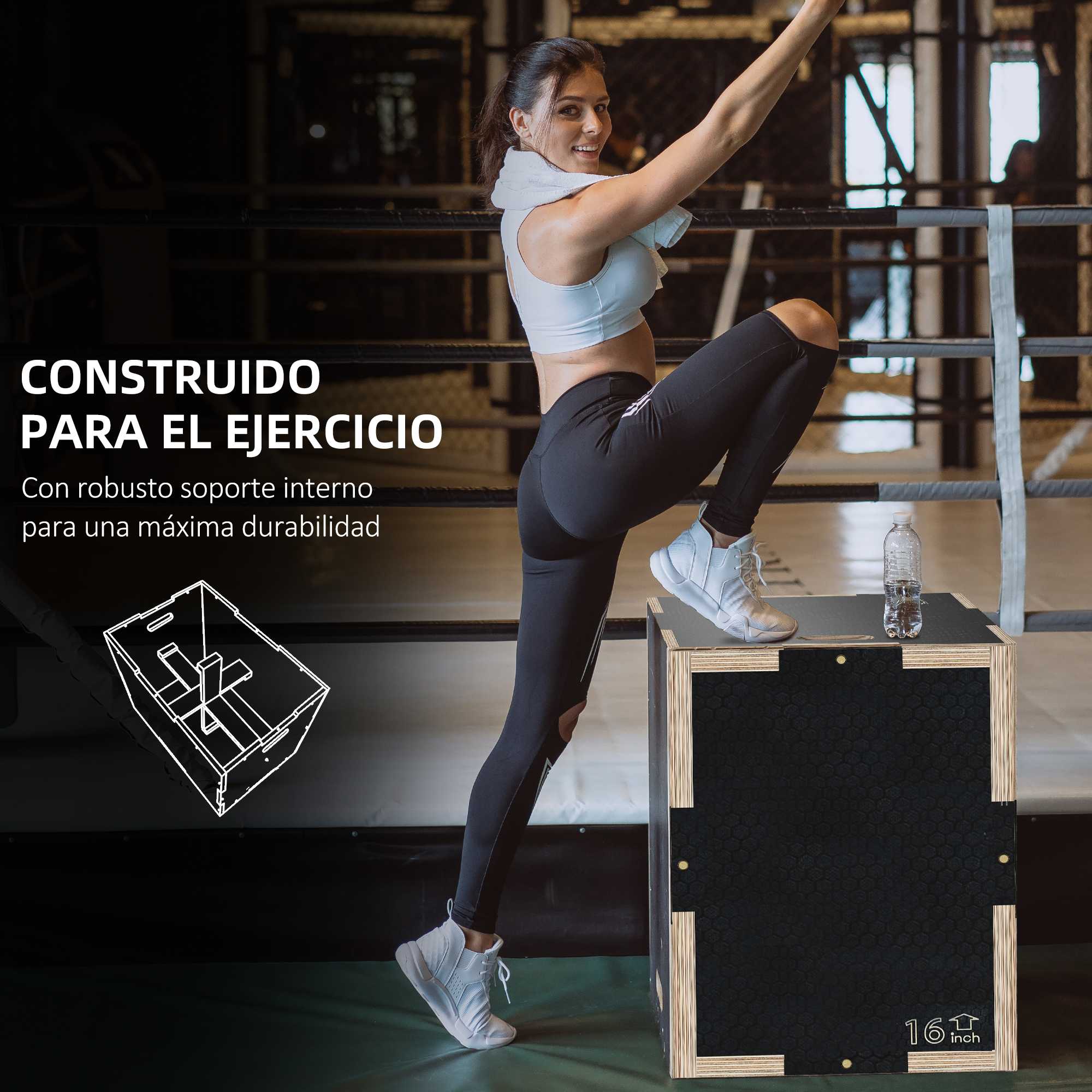 Mujer haciendo ejercicio en un cajón pliométrico, un diagrama muestra la estructura interna del cajón.
