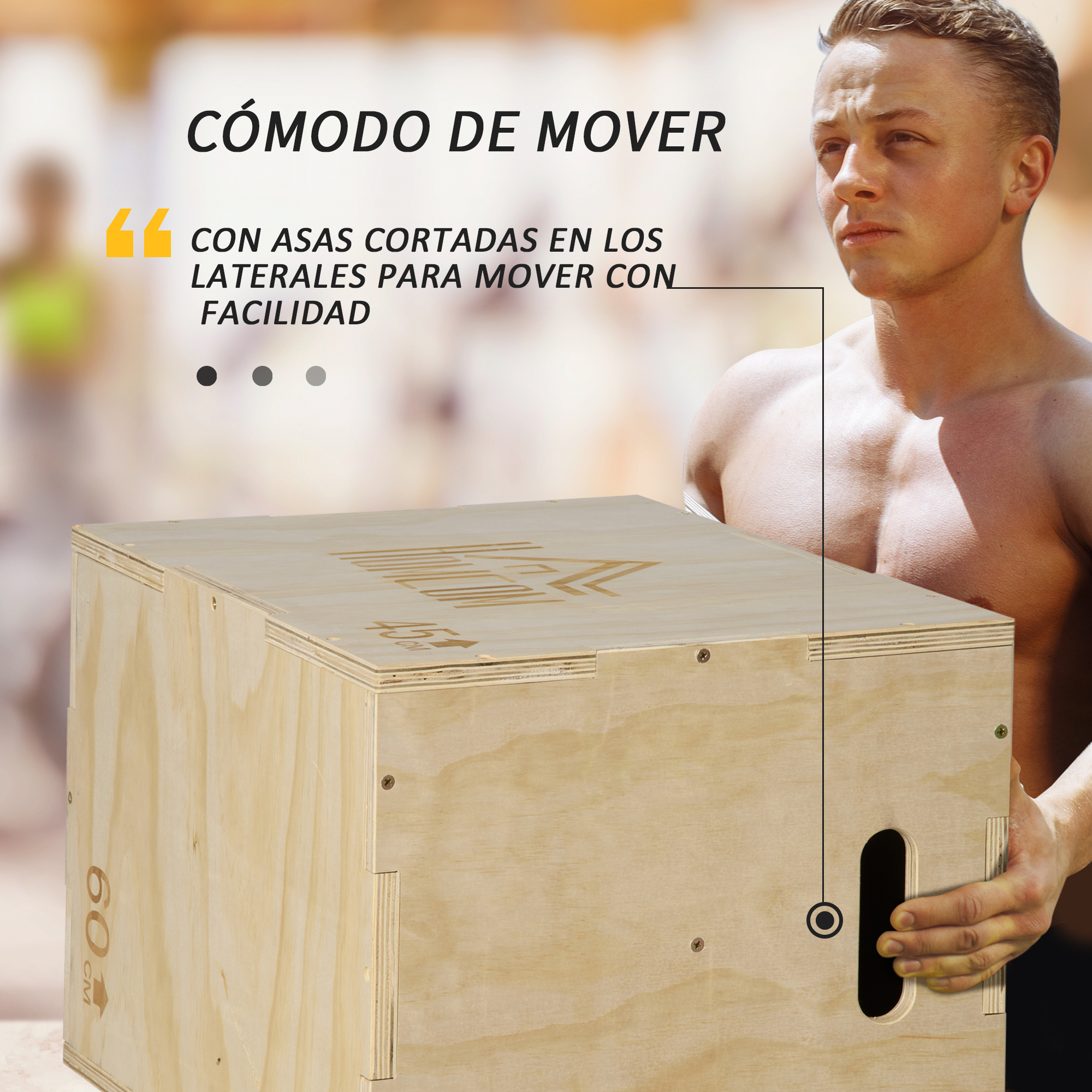 Hombre y caja de madera. Texto en español sobre movimiento cómodo con asas.