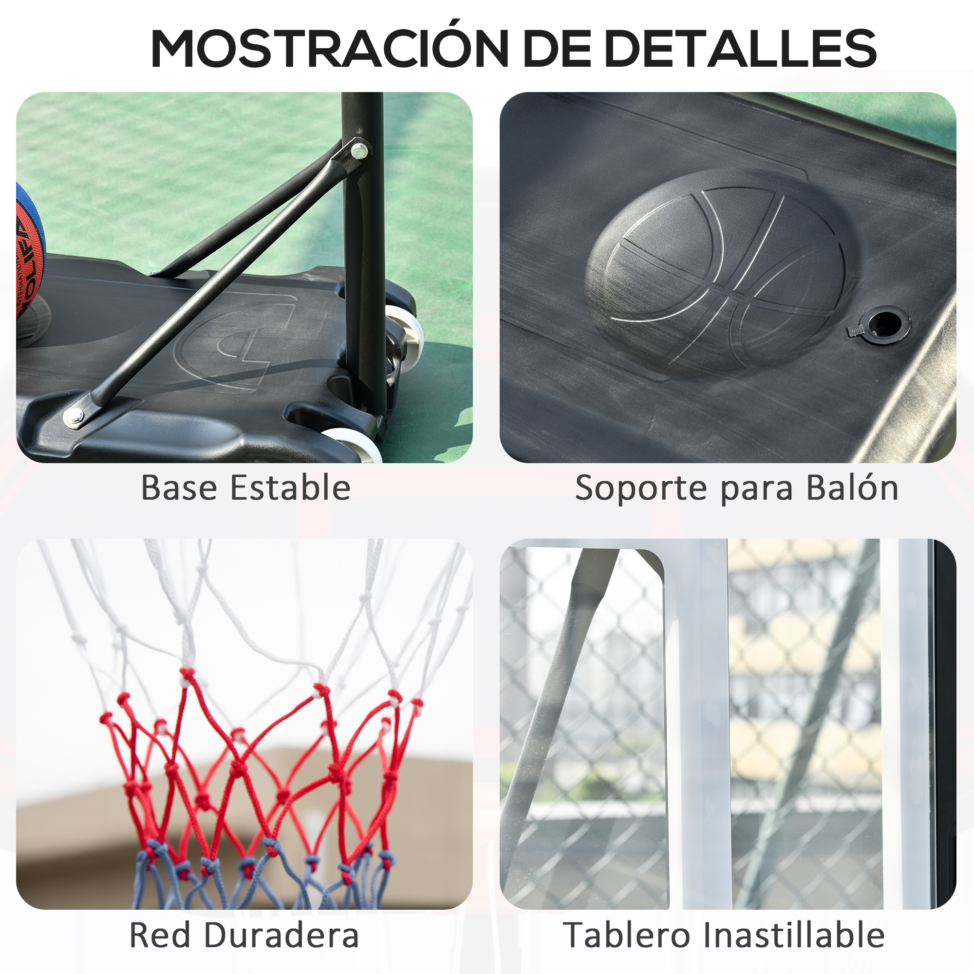Imágenes de primer plano de un aro de baloncesto que muestran la base, el tablero, la red y el marco.
