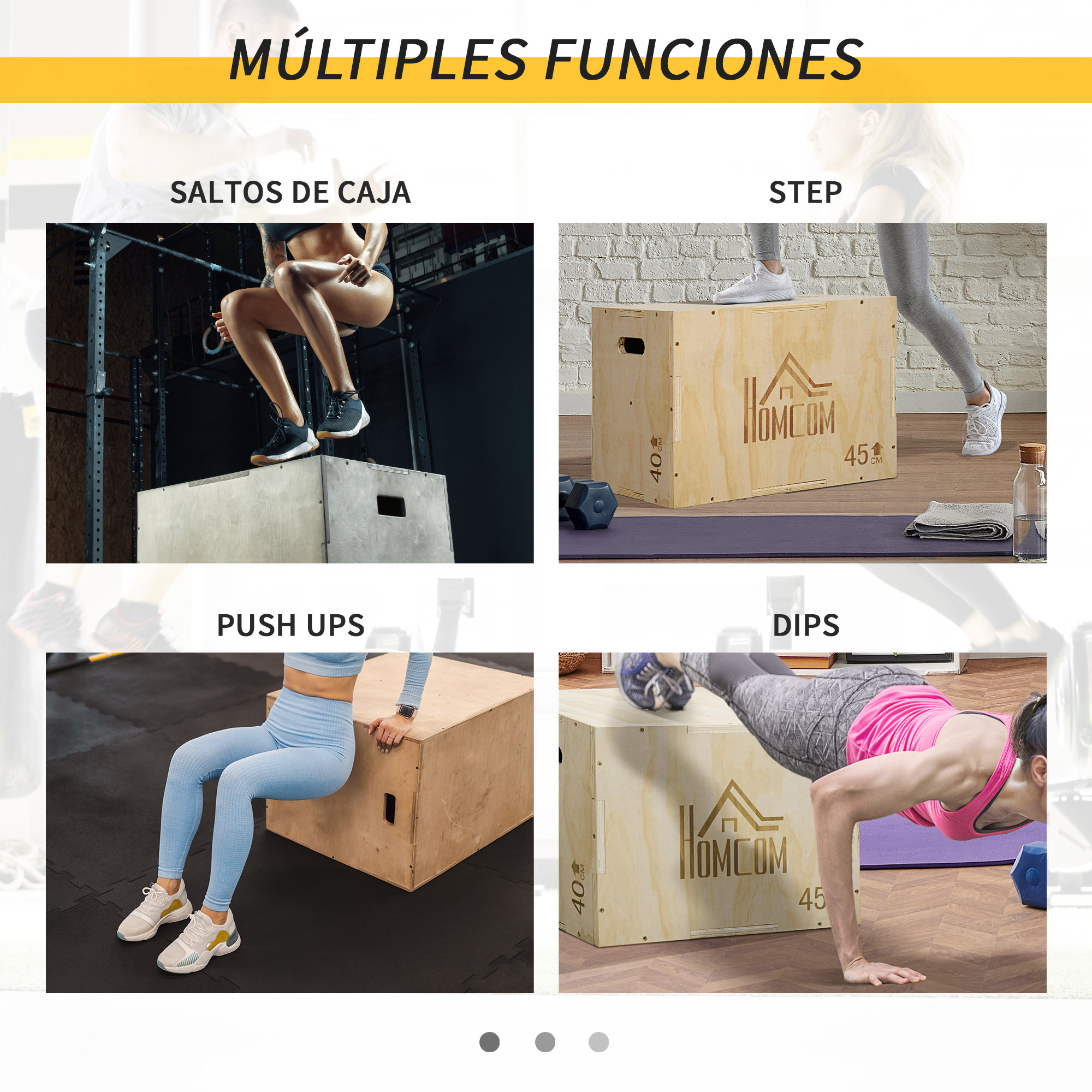 La imagen muestra saltos de caja, step, flexiones y dips. La gente usa una caja de madera para hacer ejercicio.