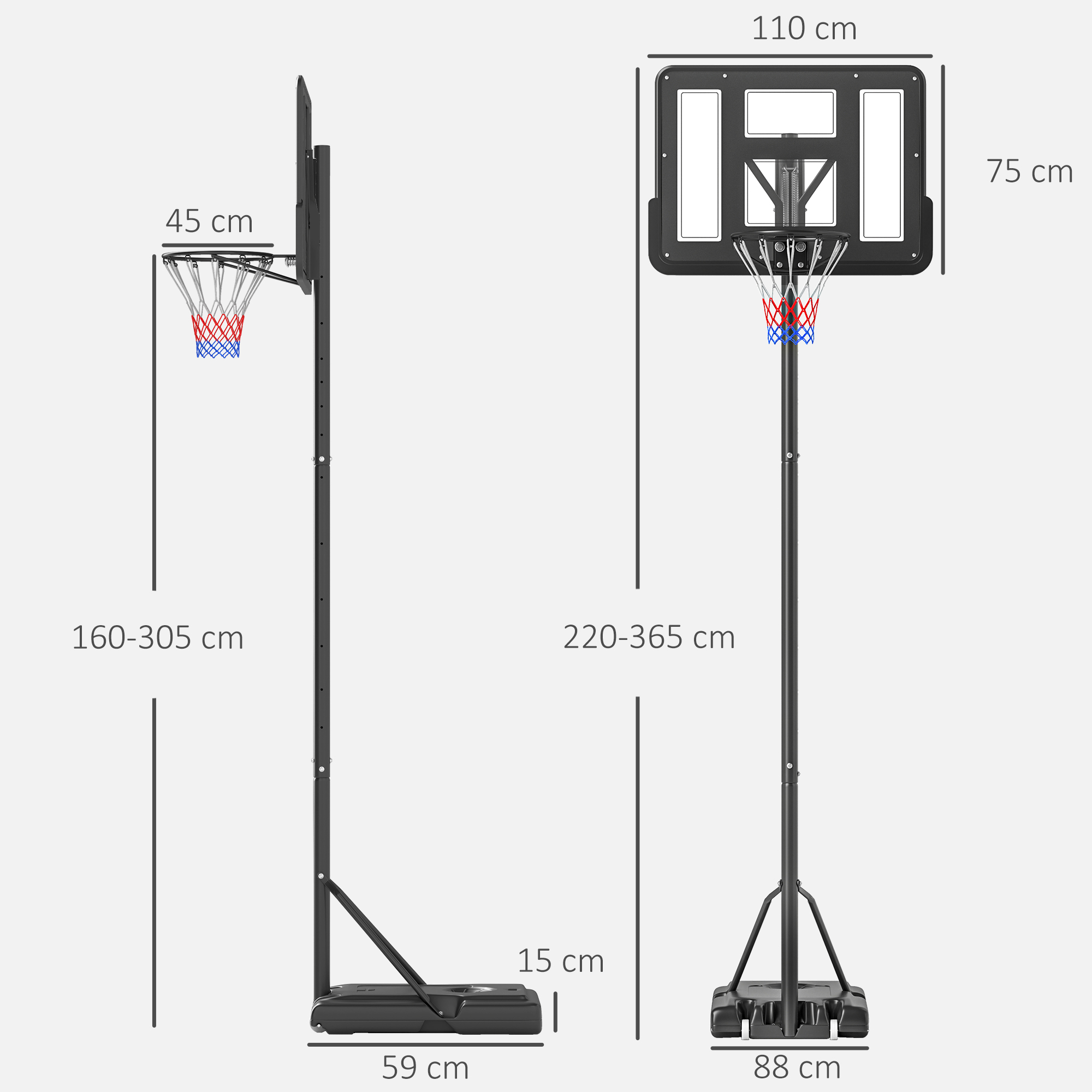 Aro de baloncesto con dimensiones. El tablero es negro, la red roja, blanca y azul.