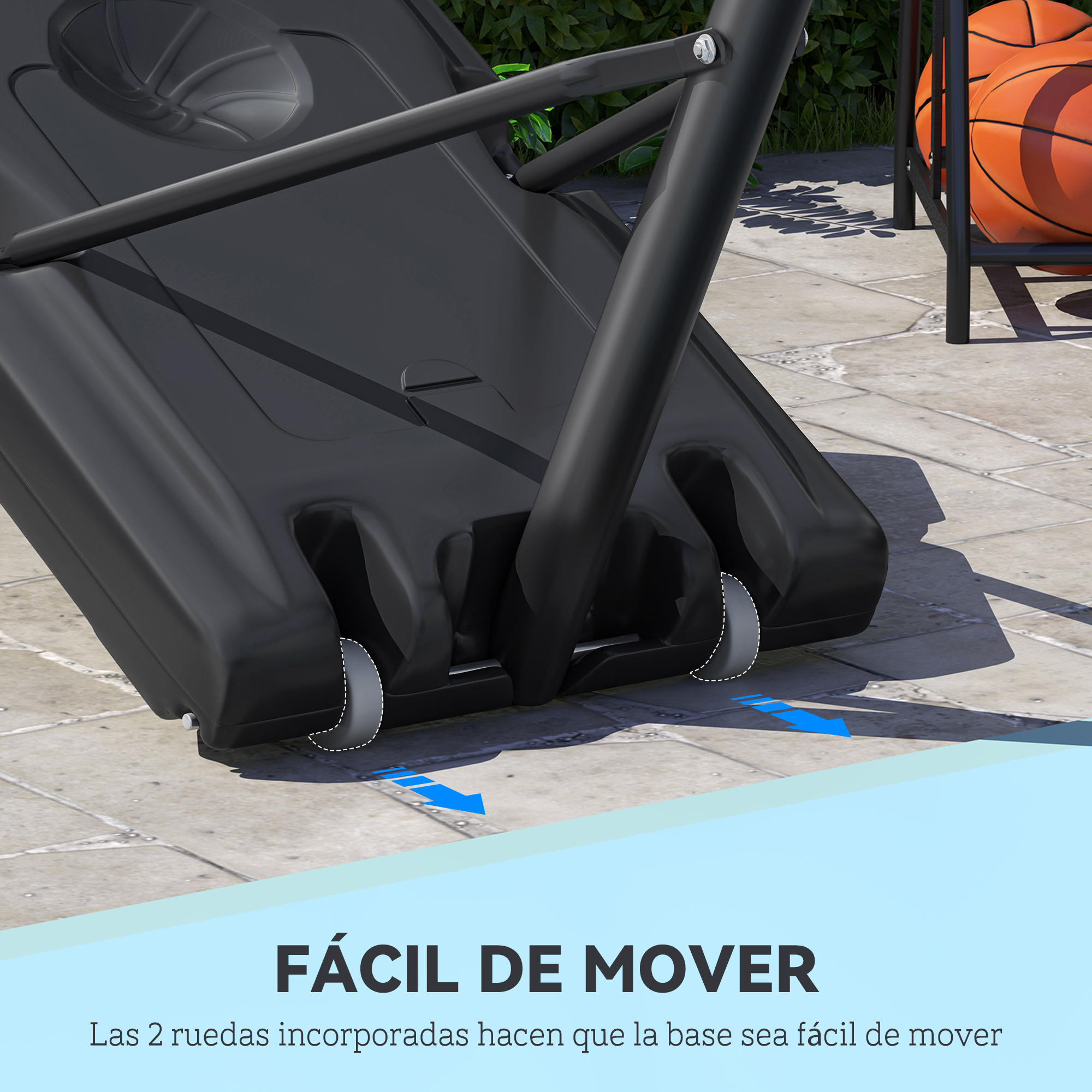 Base de aro de baloncesto con ruedas. El texto en español dice: 'FÁCIL DE MOVER'.