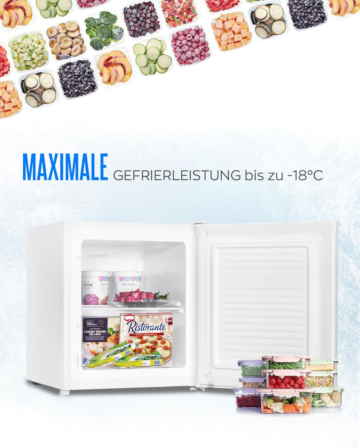 Weißer Kühlschrank mit Tiefkühlkost und Text über maximale Gefrierleistung.
