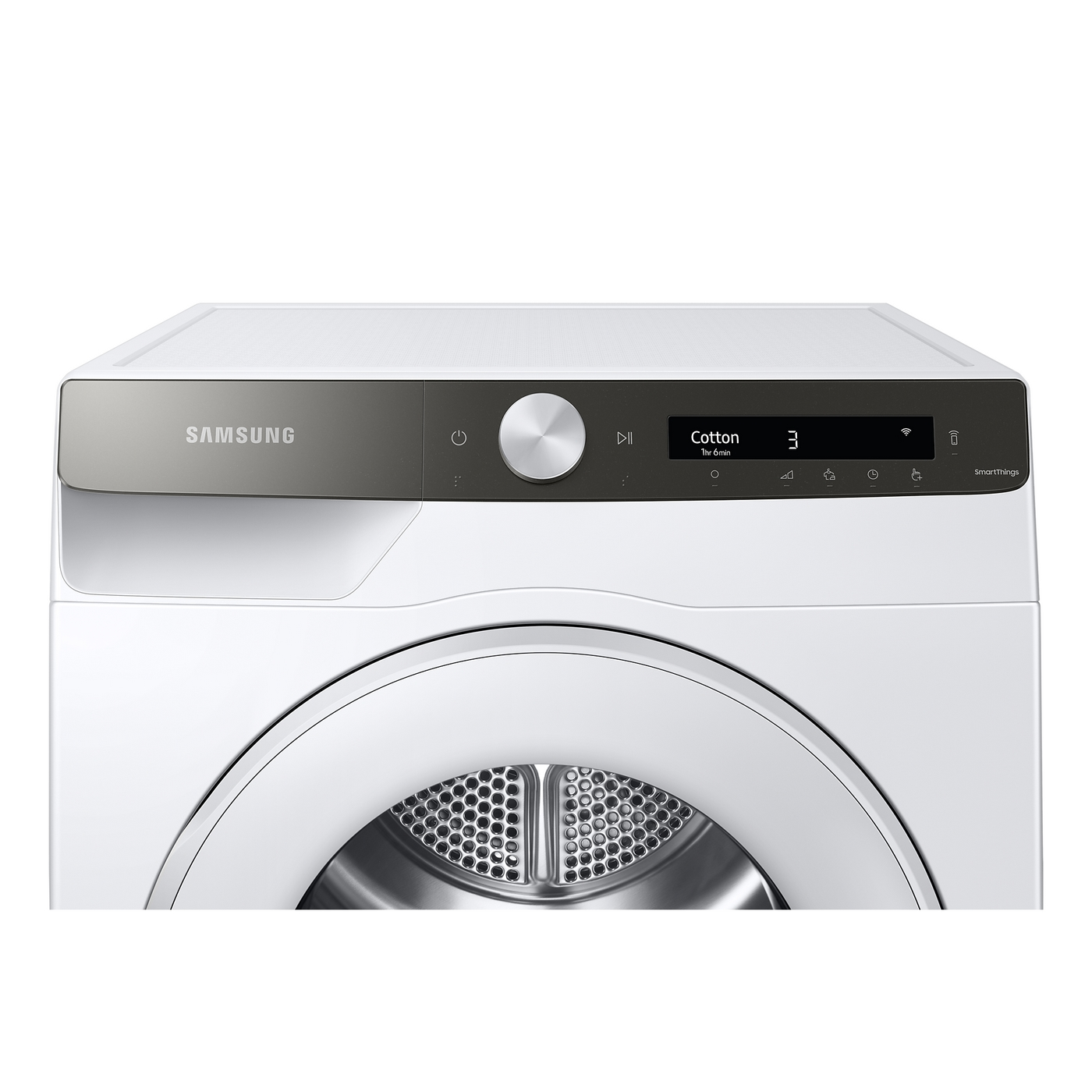 Un'asciugatrice Samsung bianca con dettaglio del pannello di controllo. Sfondo bianco.