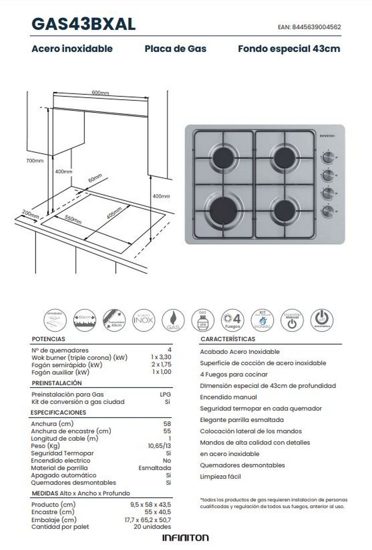 Un dibujo técnico detallado de una placa de gas, incluyendo dimensiones y especificaciones en español.
