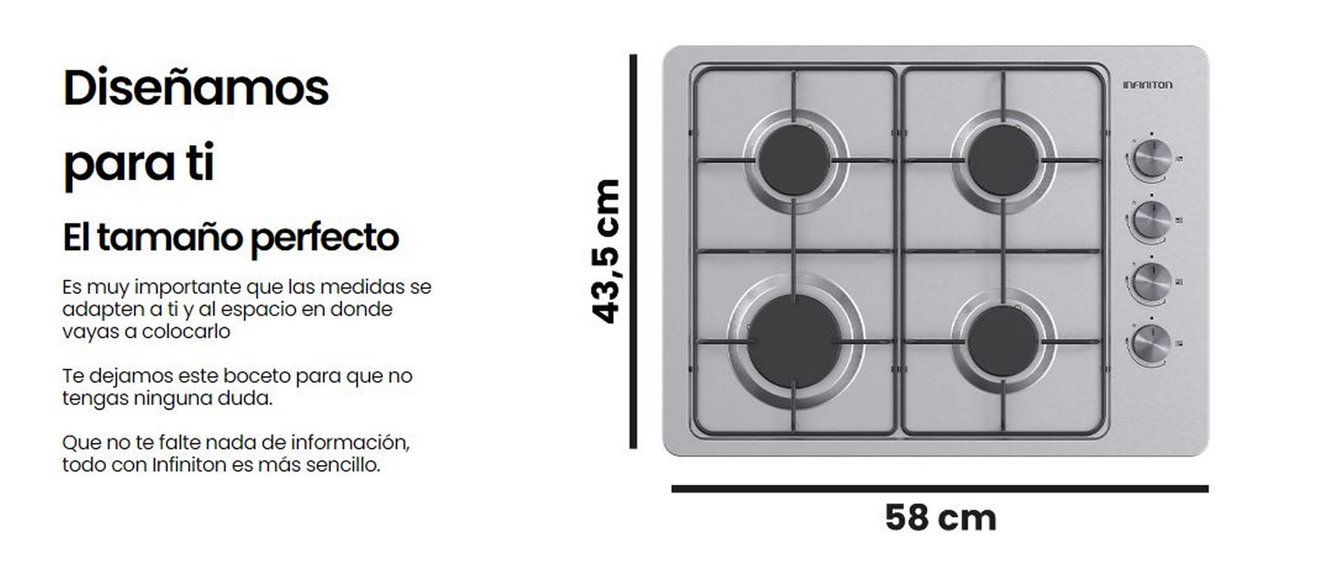 Cocina de gas plateada con cuatro quemadores, sobre fondo blanco, con texto en español.