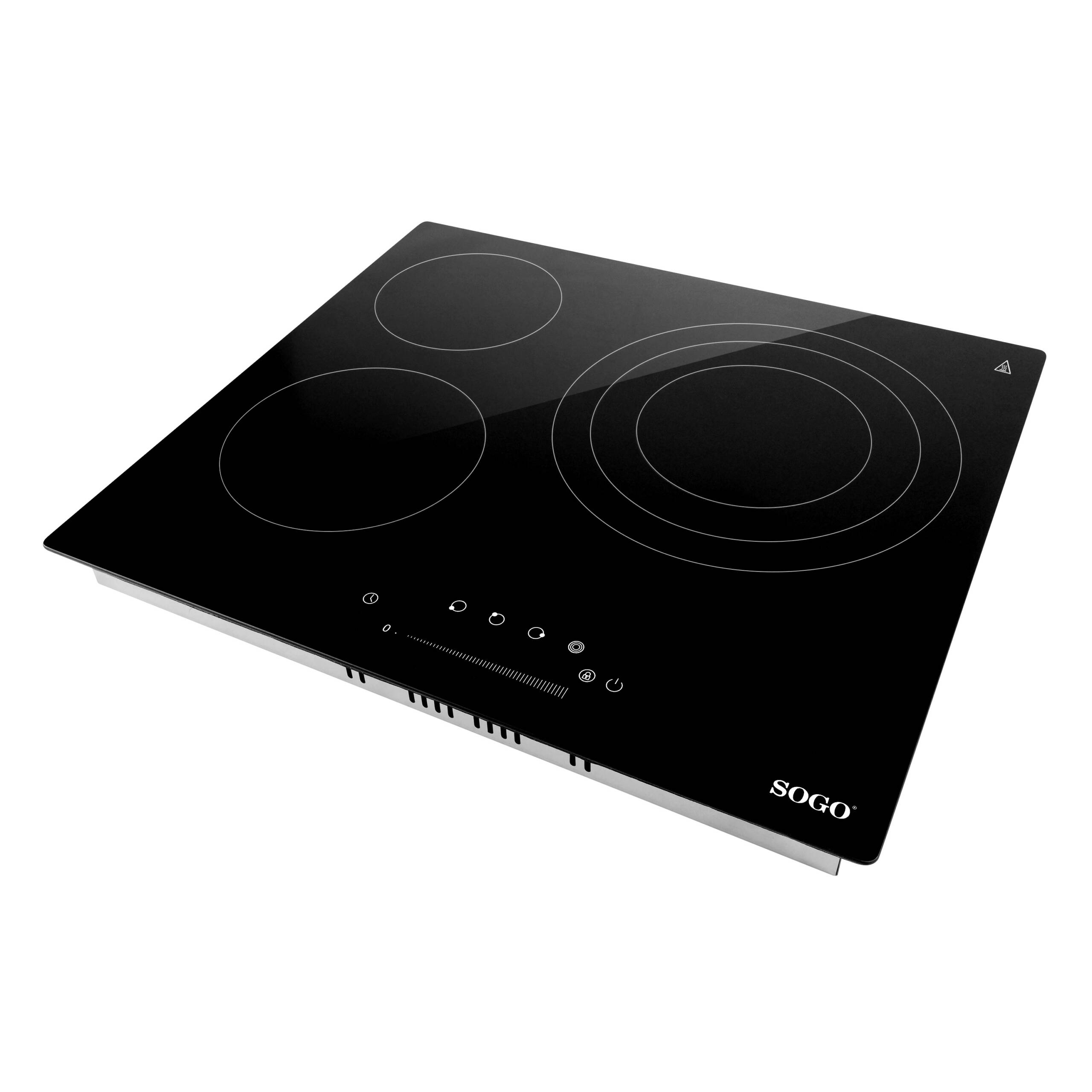 Placa de inducción negra con cuatro zonas de cocción y un panel táctil. Se ve la marca 'SOGO'.
