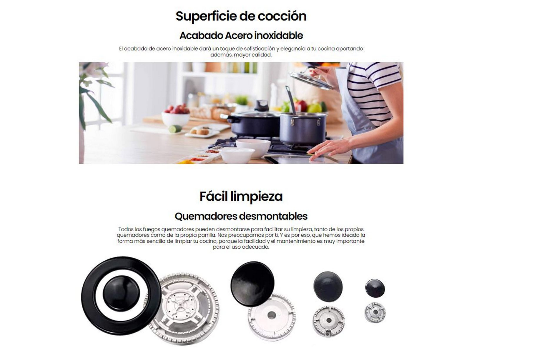Una página web con texto sobre una superficie de cocción de acero inoxidable, quemadores extraíbles y fácil limpieza.