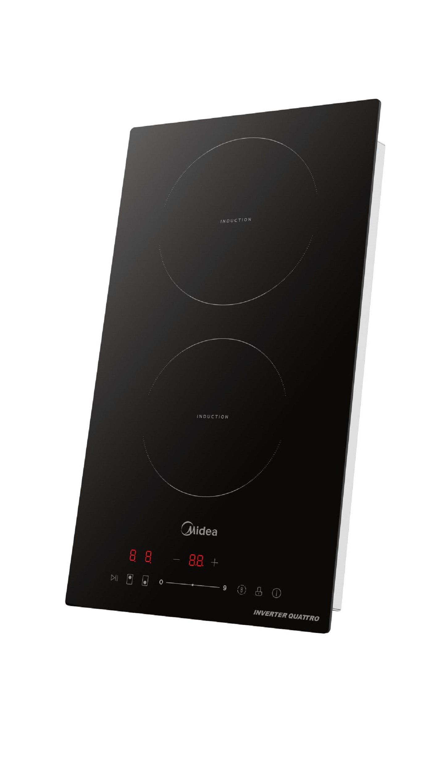 Piano cottura a induzione Midea nero con due zone cottura e display digitale.