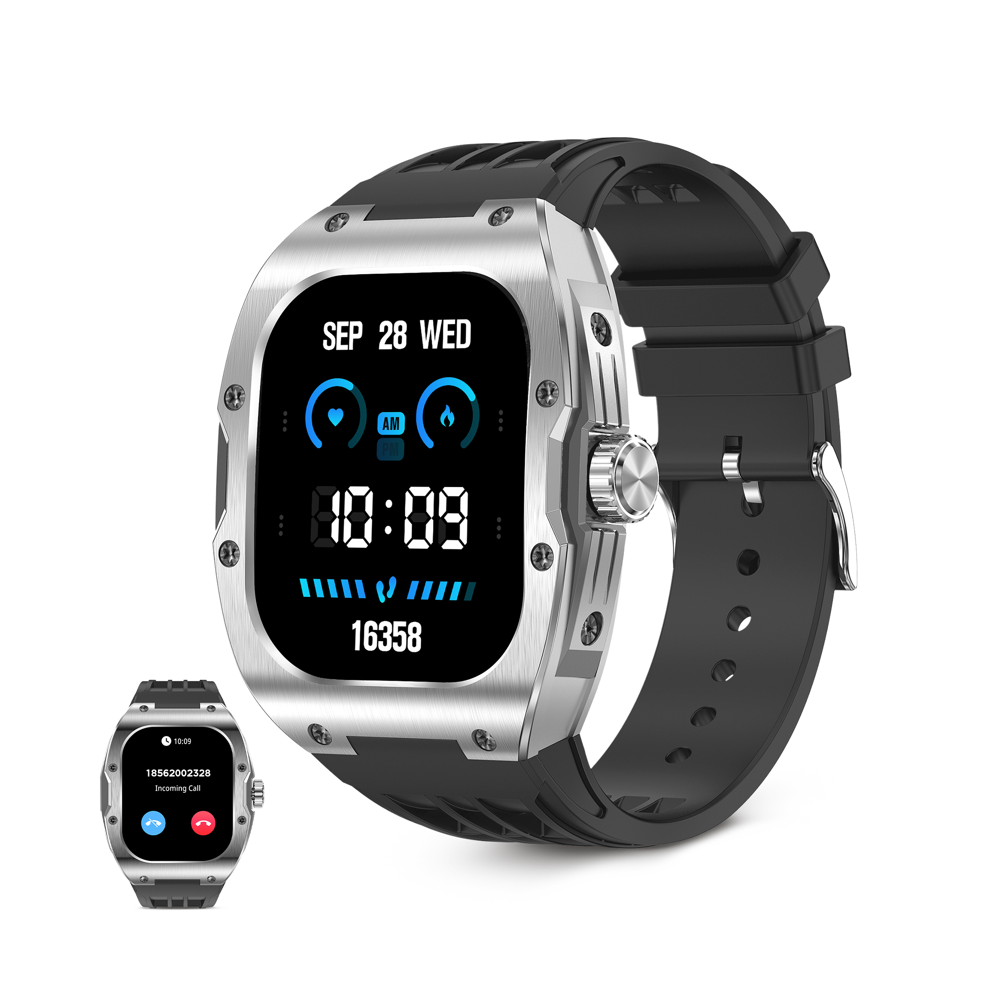 Smartwatch argento e nero con cinturino nero, mostra l'ora e la chiamata in arrivo.
