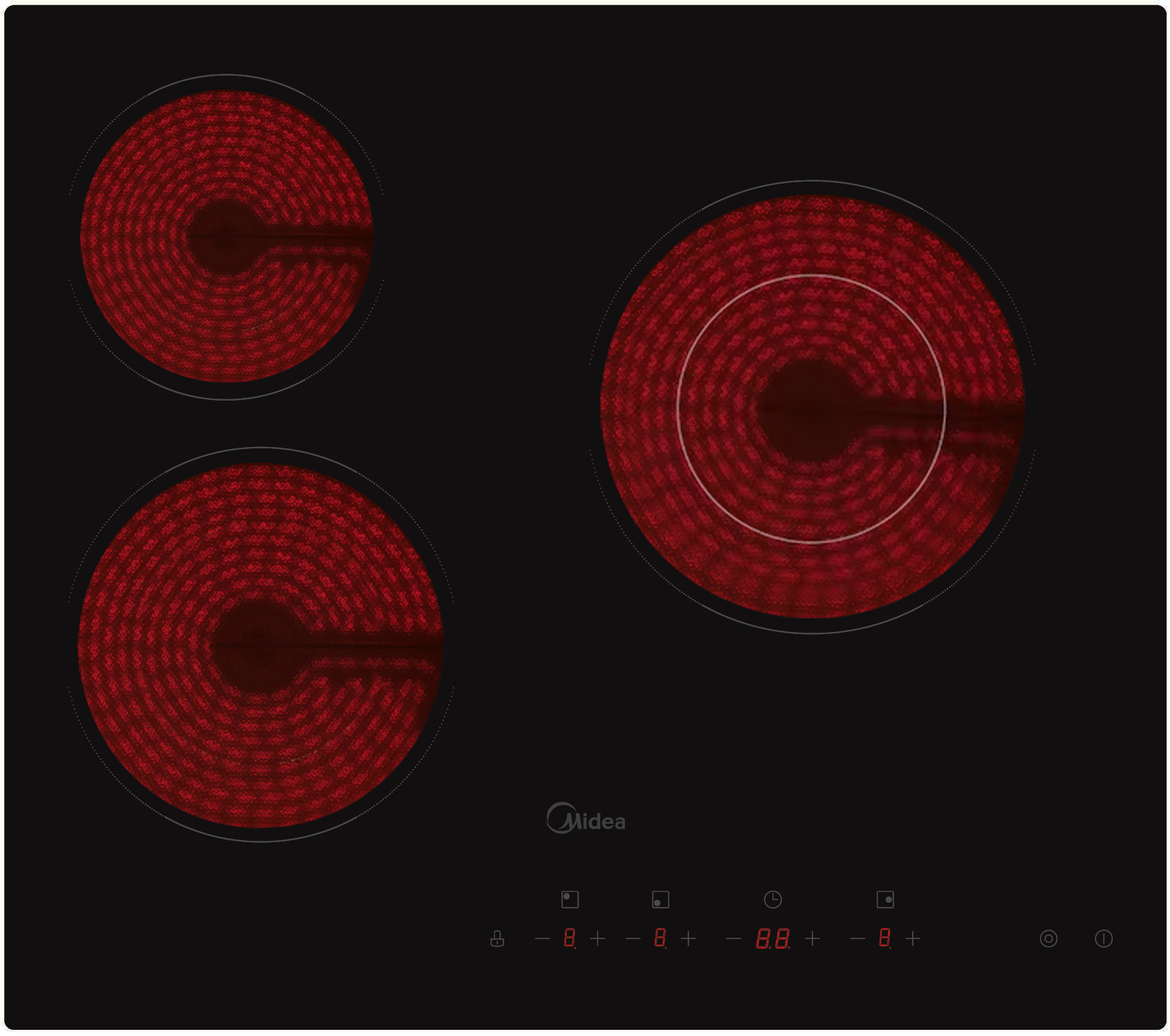 Placa de cocina eléctrica negra Midea con tres zonas de calentamiento rojas. El panel de control está abajo.