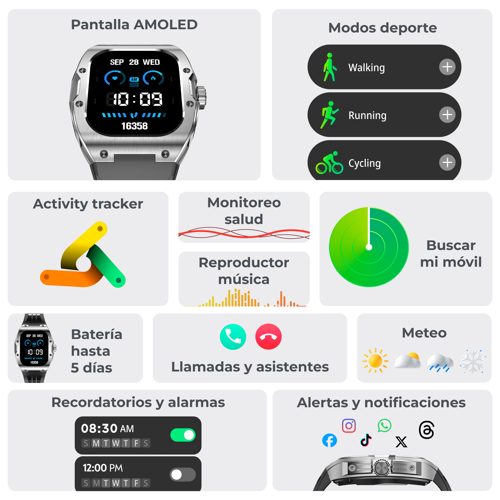 Un'interfaccia smartwatch con icone di fitness, lettore musicale e notifiche, con un orologio argentato.