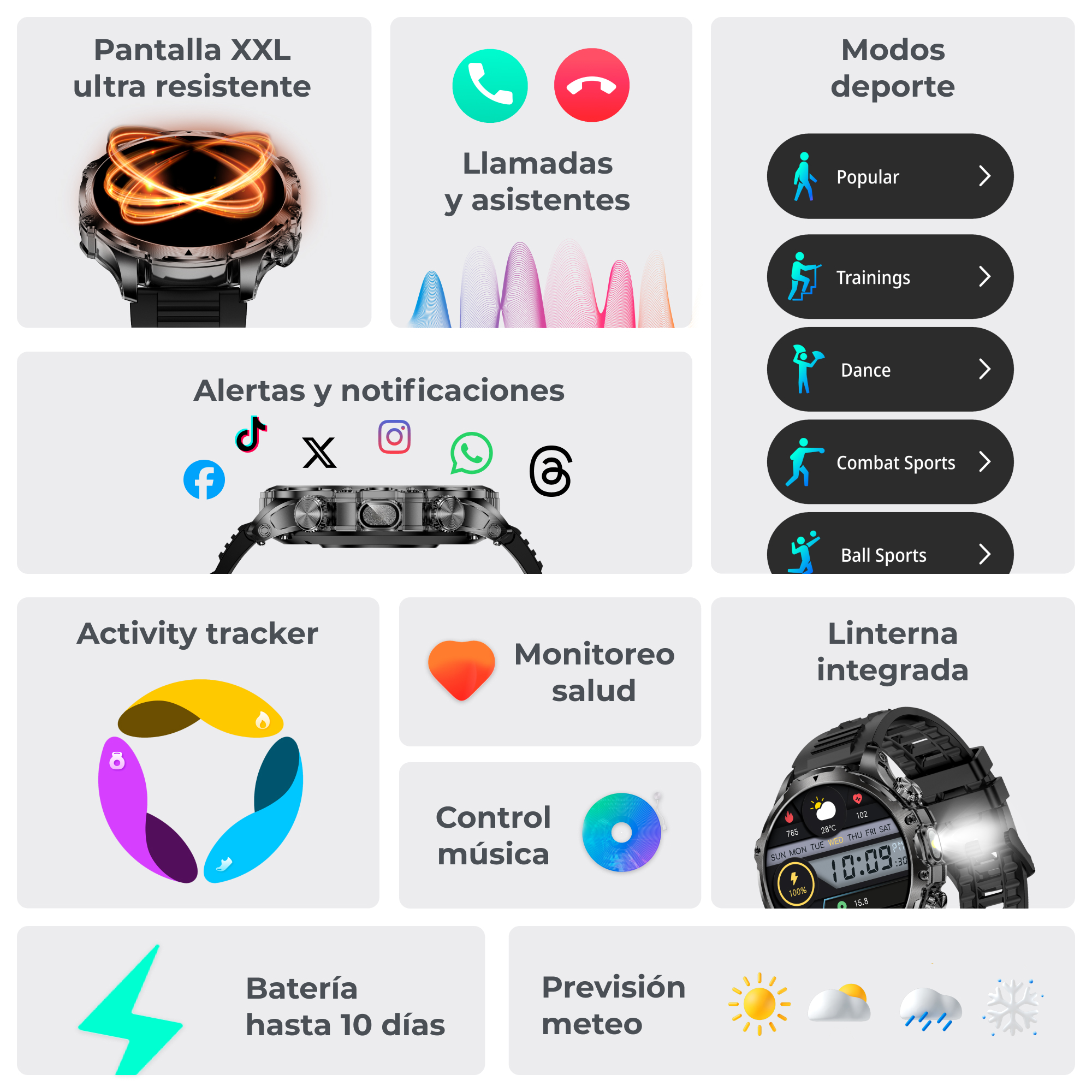 Reloj inteligente con múltiples funciones e iconos de aplicaciones y salud.