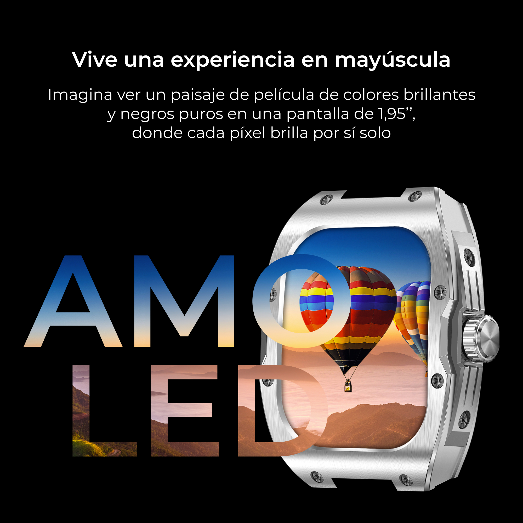 Smartwatch su sfondo nero. Ha una cassa argentata metallica e uno schermo con un'immagine colorata di mongolfiera.