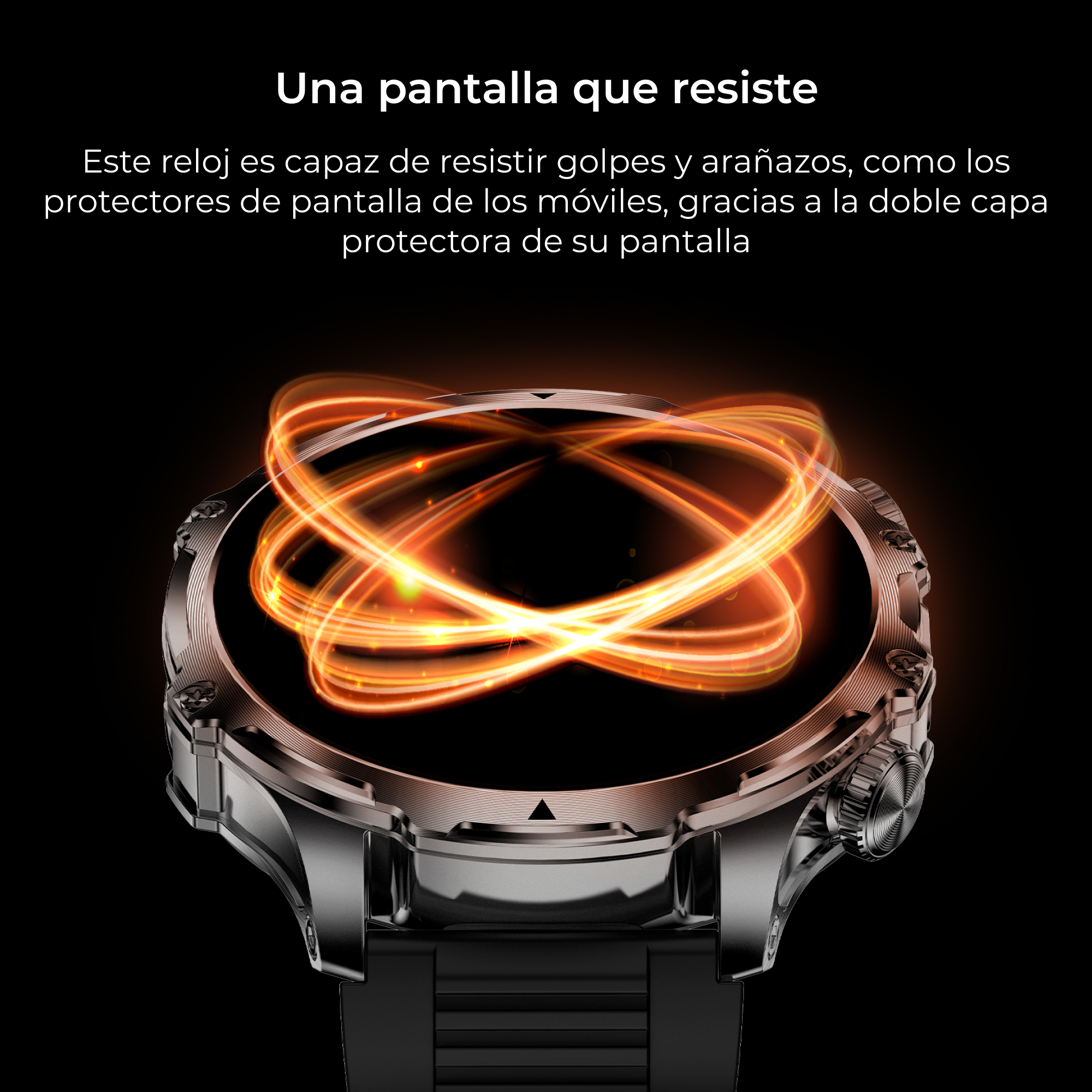 Un reloj inteligente plateado con pantalla redonda, rodeado por un marco metálico, sobre fondo negro.