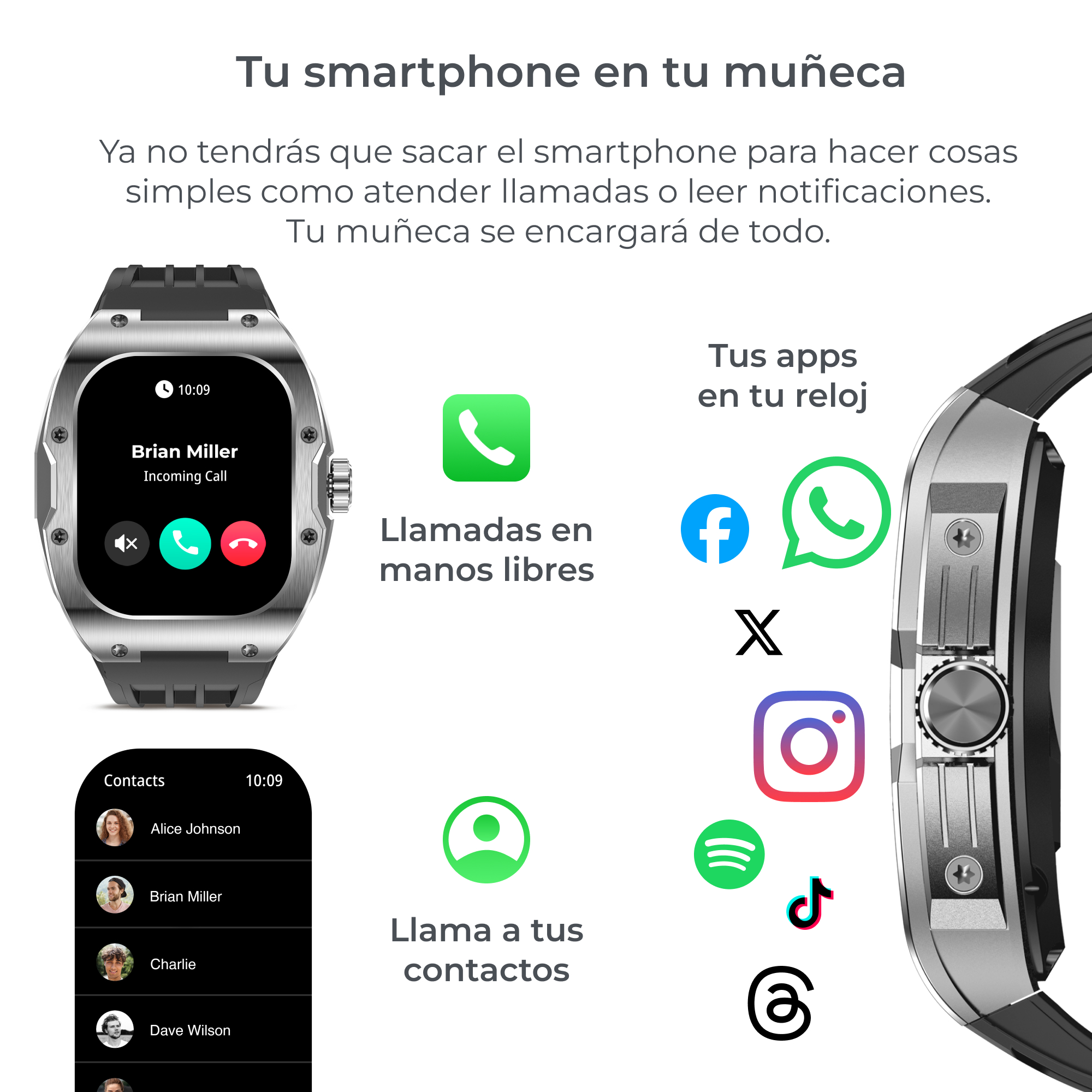 Smartwatch al polso mostra chiamata in arrivo da Brian Miller e app.