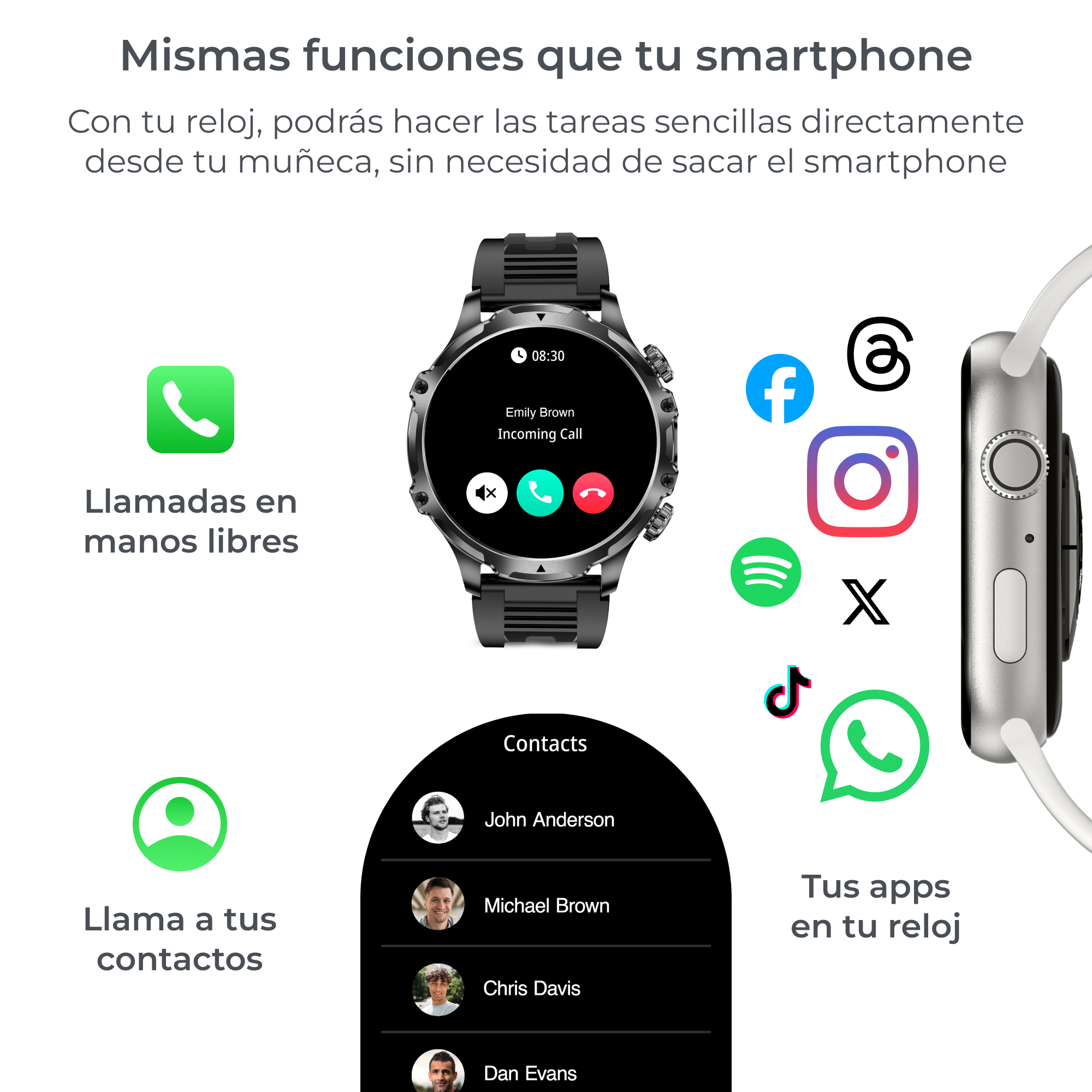 Smartwatch con aplicaciones en pantalla, incluyendo iconos de teléfono, Instagram y Facebook.
