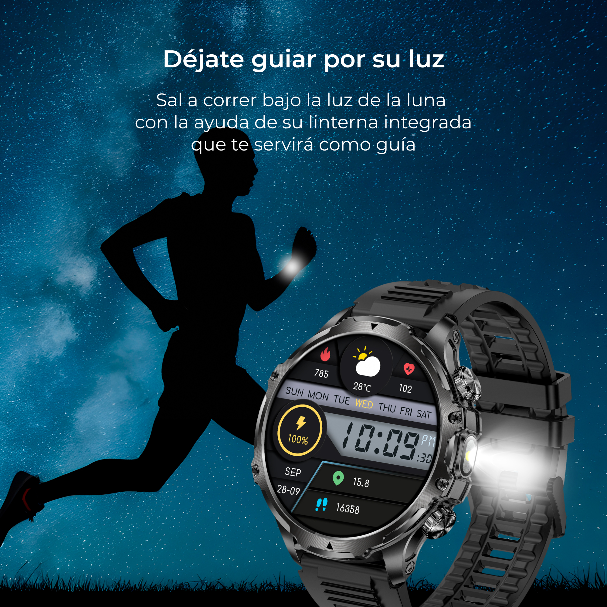 Un smartwatch con silueta de corredor y texto. El reloj muestra la hora y métricas de salud. Fondo azul oscuro.