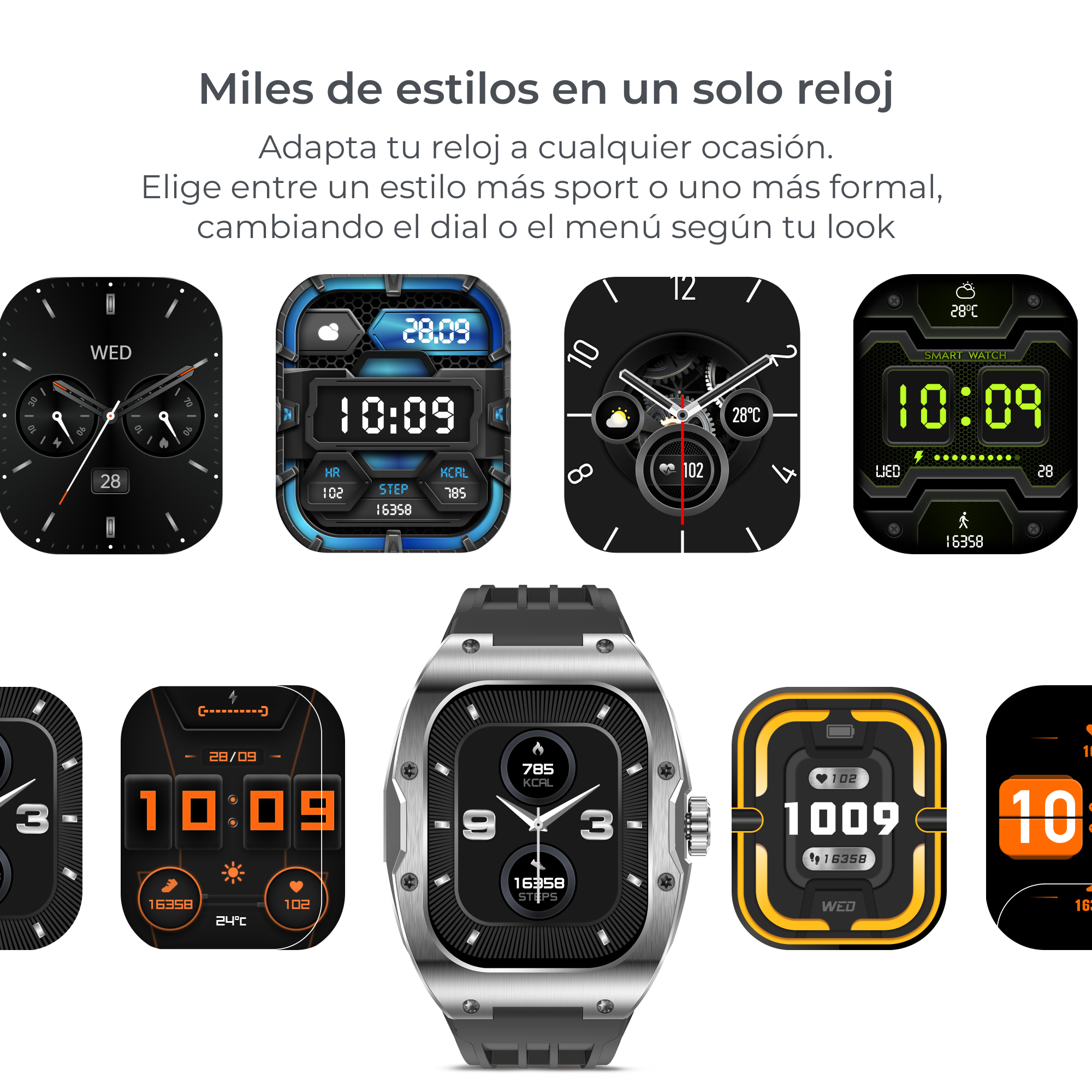 Uno smartwatch nero con diverse opzioni di quadrante visualizzate intorno. L'orologio è argento.