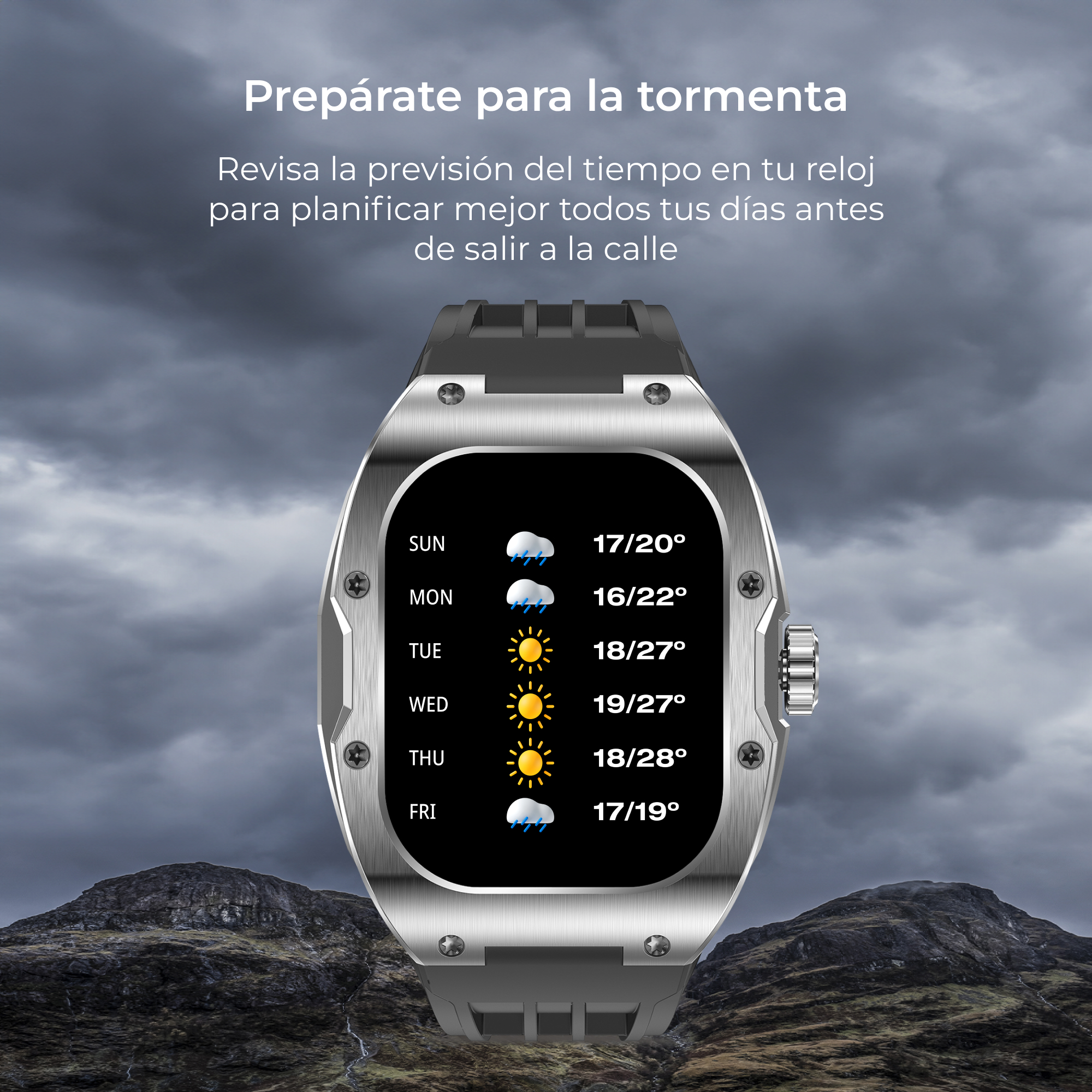 Uno smartwatch che mostra le previsioni del tempo per la settimana. Sfondo di cielo nuvoloso con montagne.