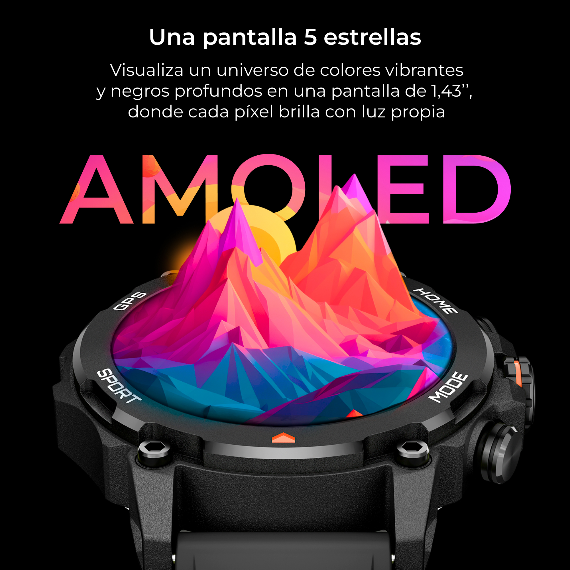 Smartwatch con pantalla que muestra un paisaje abstracto colorido, correa negra y bisel negro.