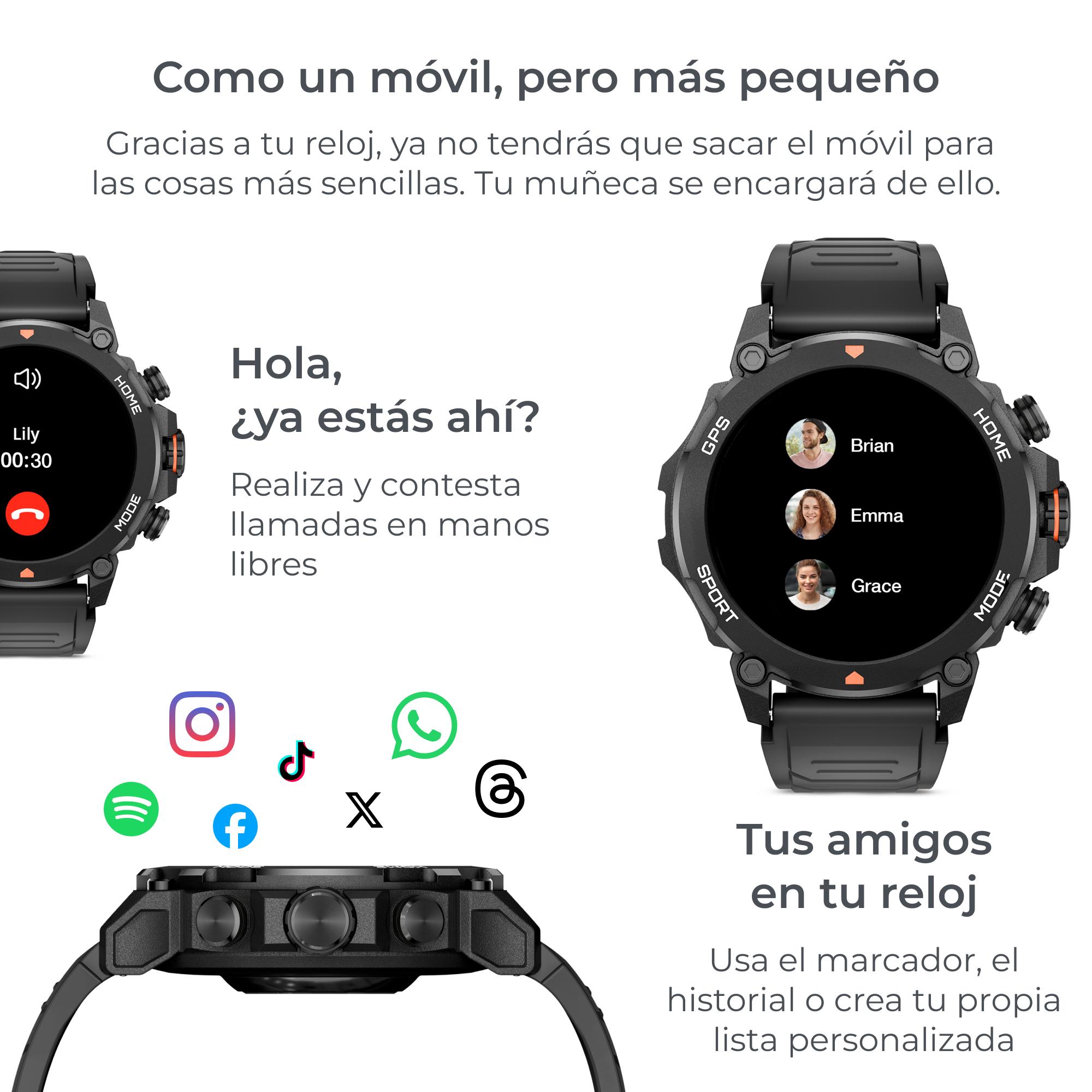 Smartwatches con iconos de aplicaciones de redes sociales y opciones de contacto.