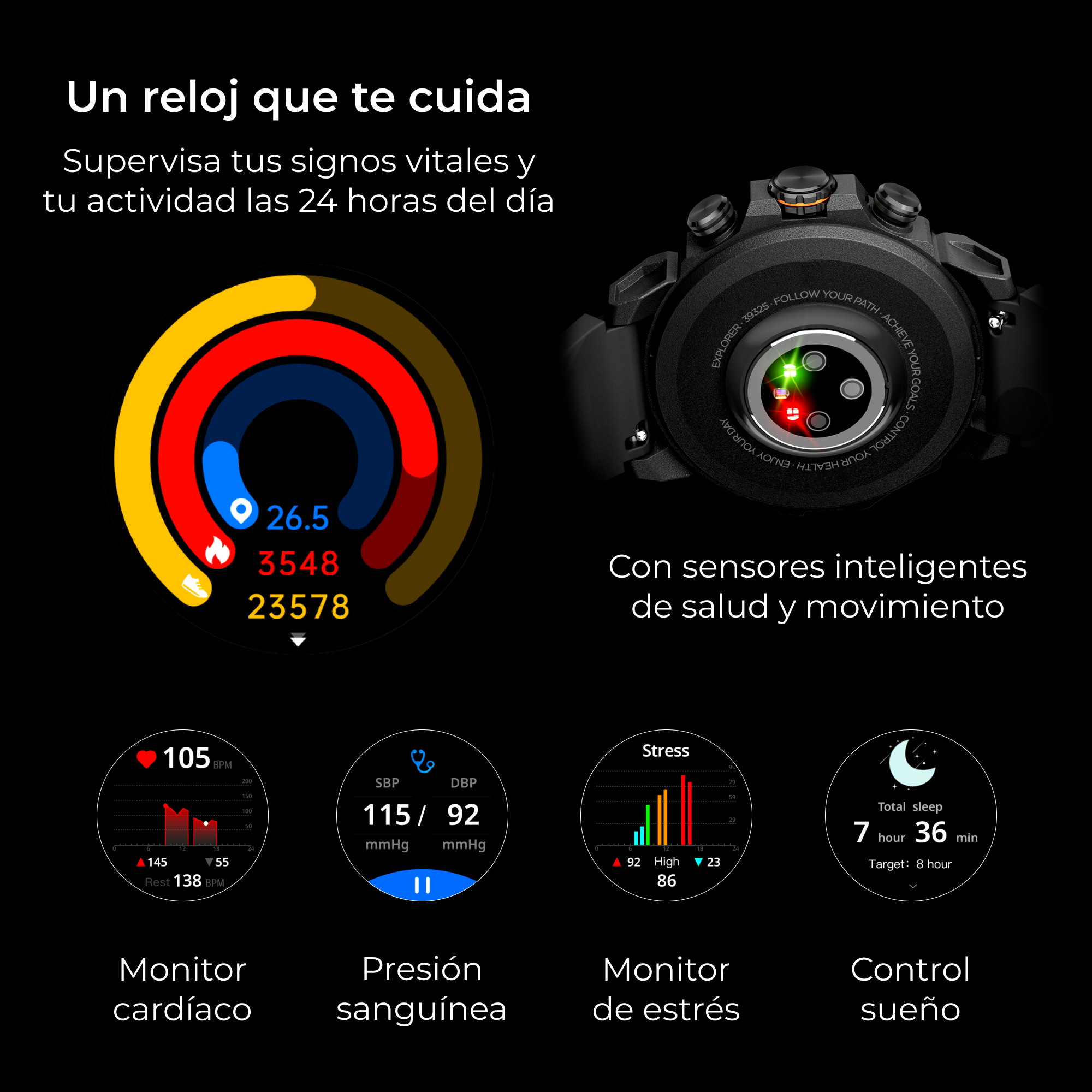 Reloj inteligente que muestra métricas de salud: frecuencia cardíaca, presión arterial, niveles de estrés y duración del sueño.