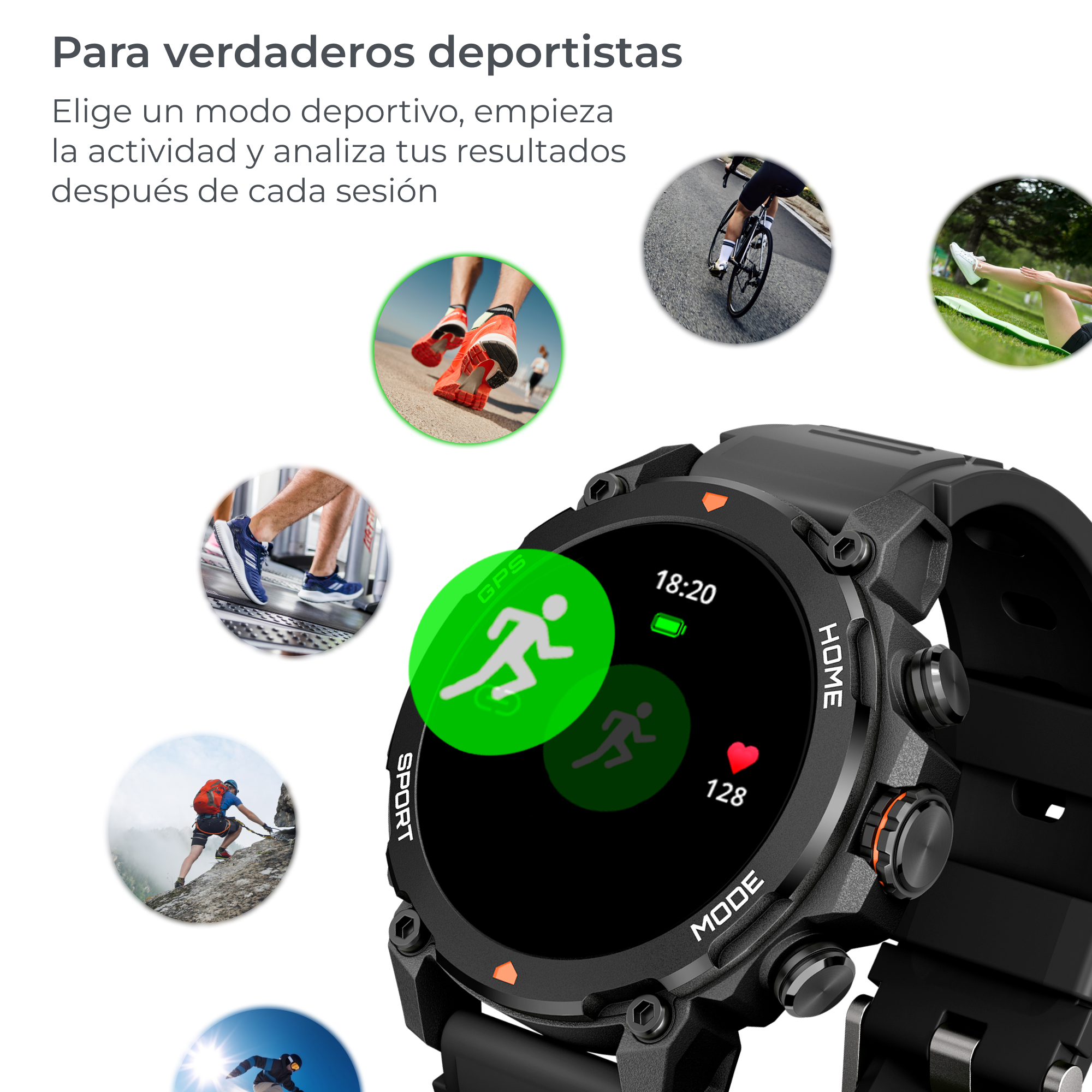 Un smartwatch con múltiples funciones de visualización e iconos relacionados con actividades deportivas.