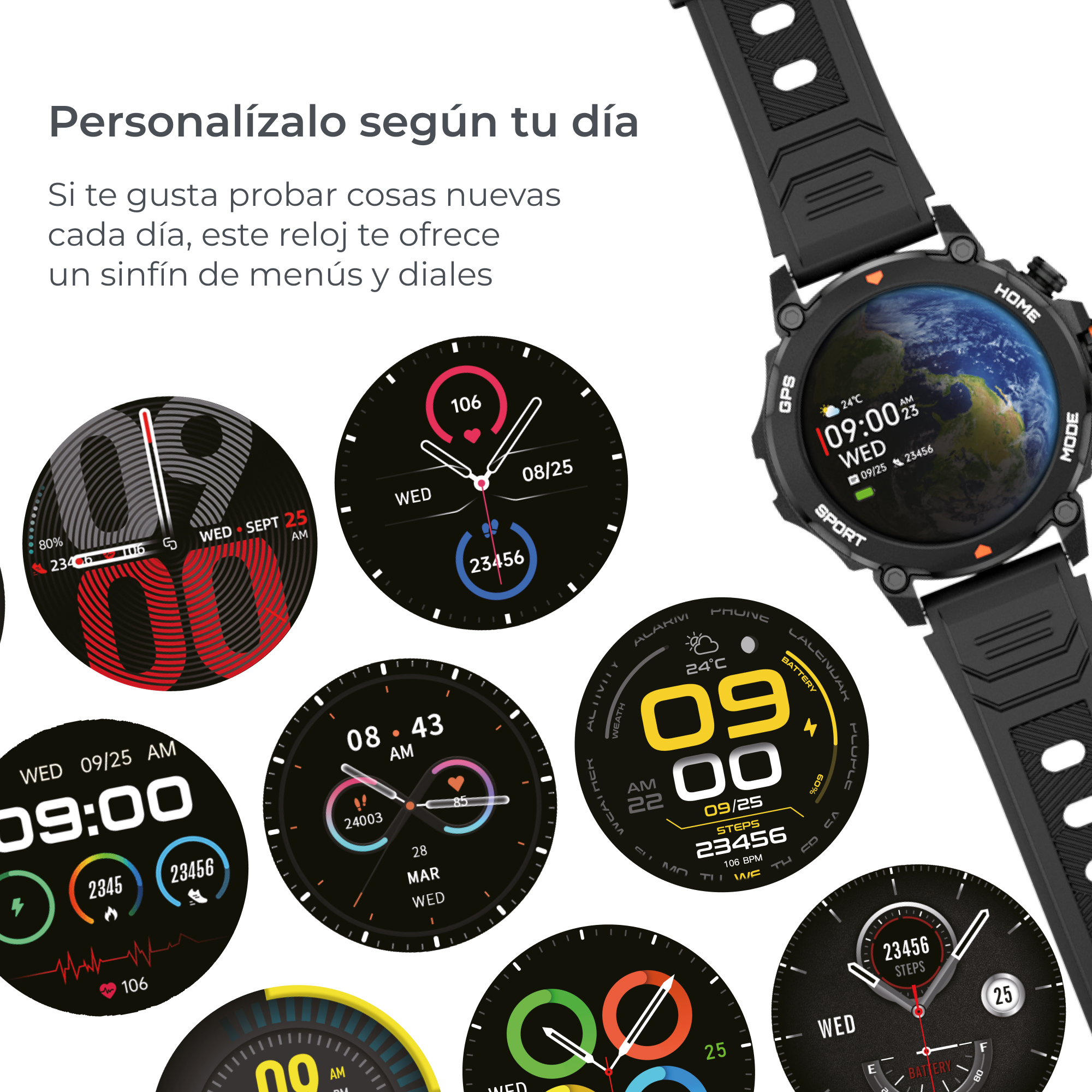 Smartwatch con múltiples opciones de visualización. Muestra hora, actividad y otros datos.