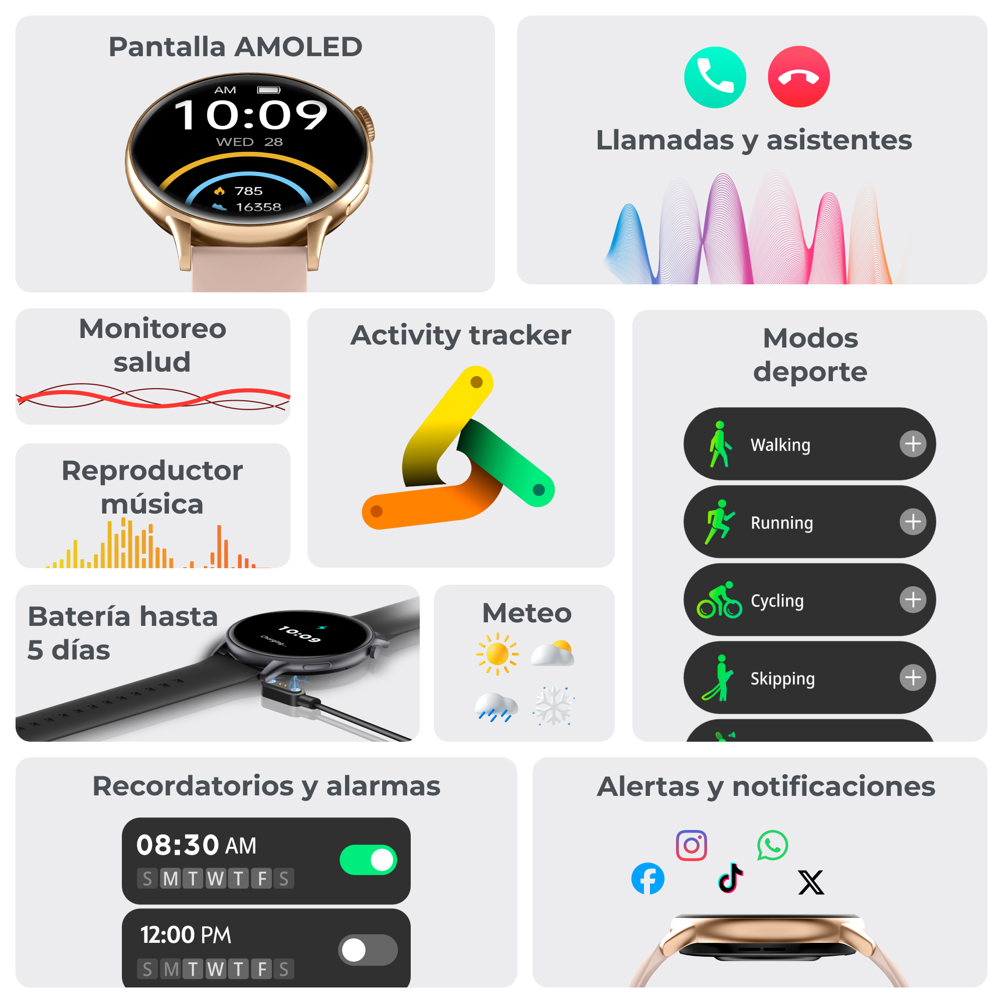 Un smartwatch que muestra diferentes funciones, incluyendo seguimiento de salud y modos deportivos.