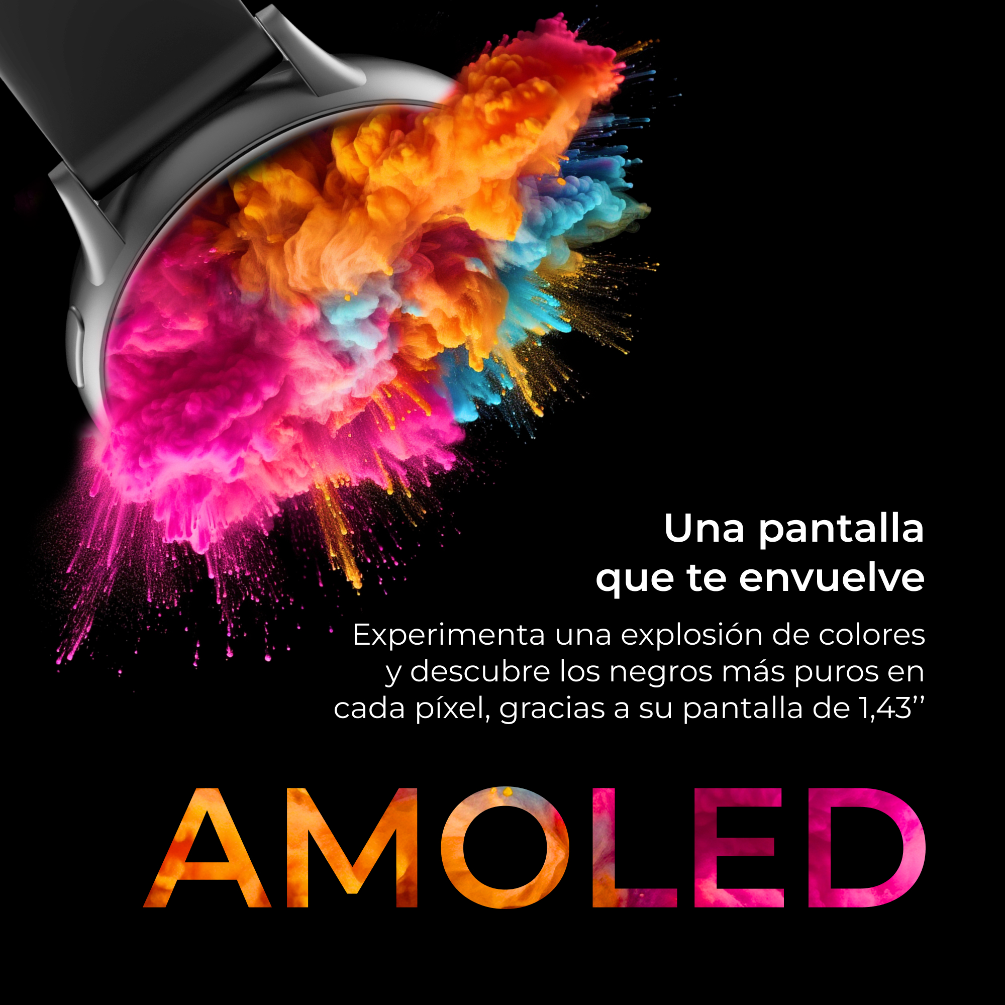 Un smartwatch con salpicaduras de pintura coloridas, con texto que dice, "Una explosión de colores" en español.
