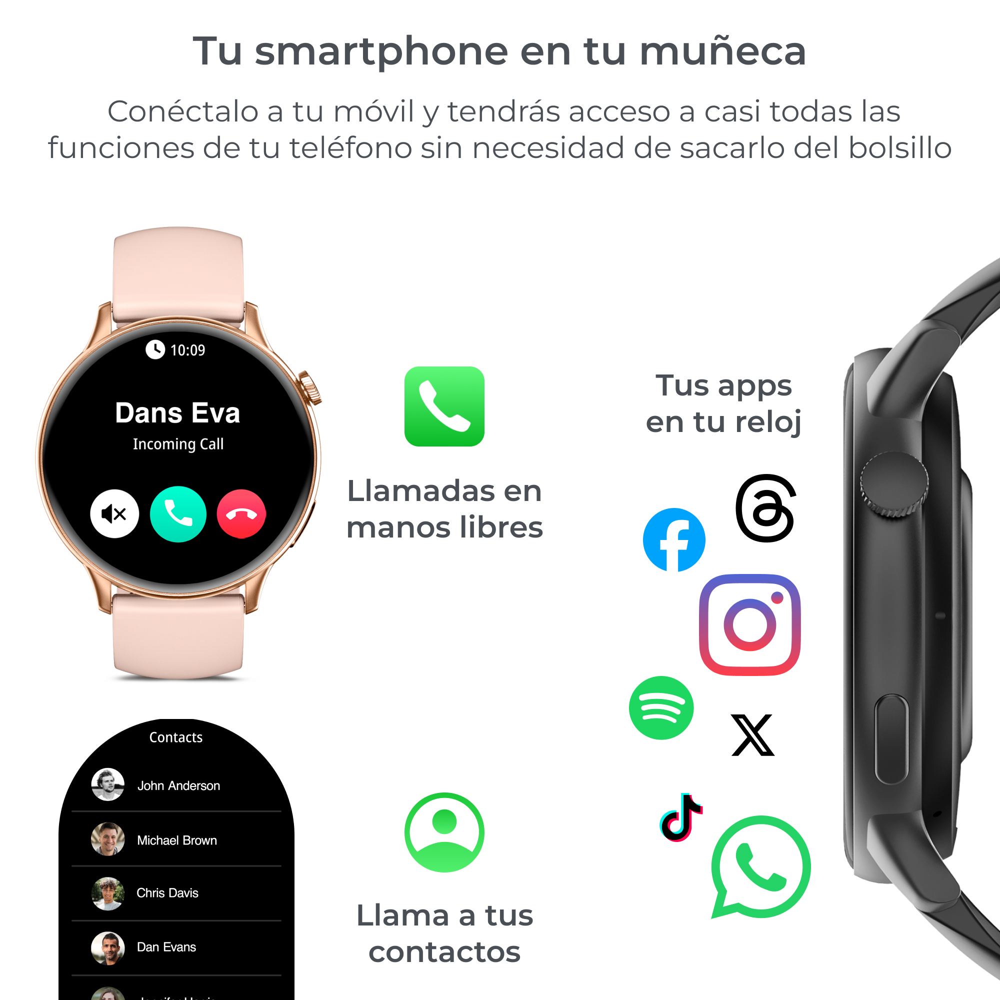 Smartwatch con aplicaciones en pantalla, incluyendo iconos de teléfono, Instagram y Facebook.