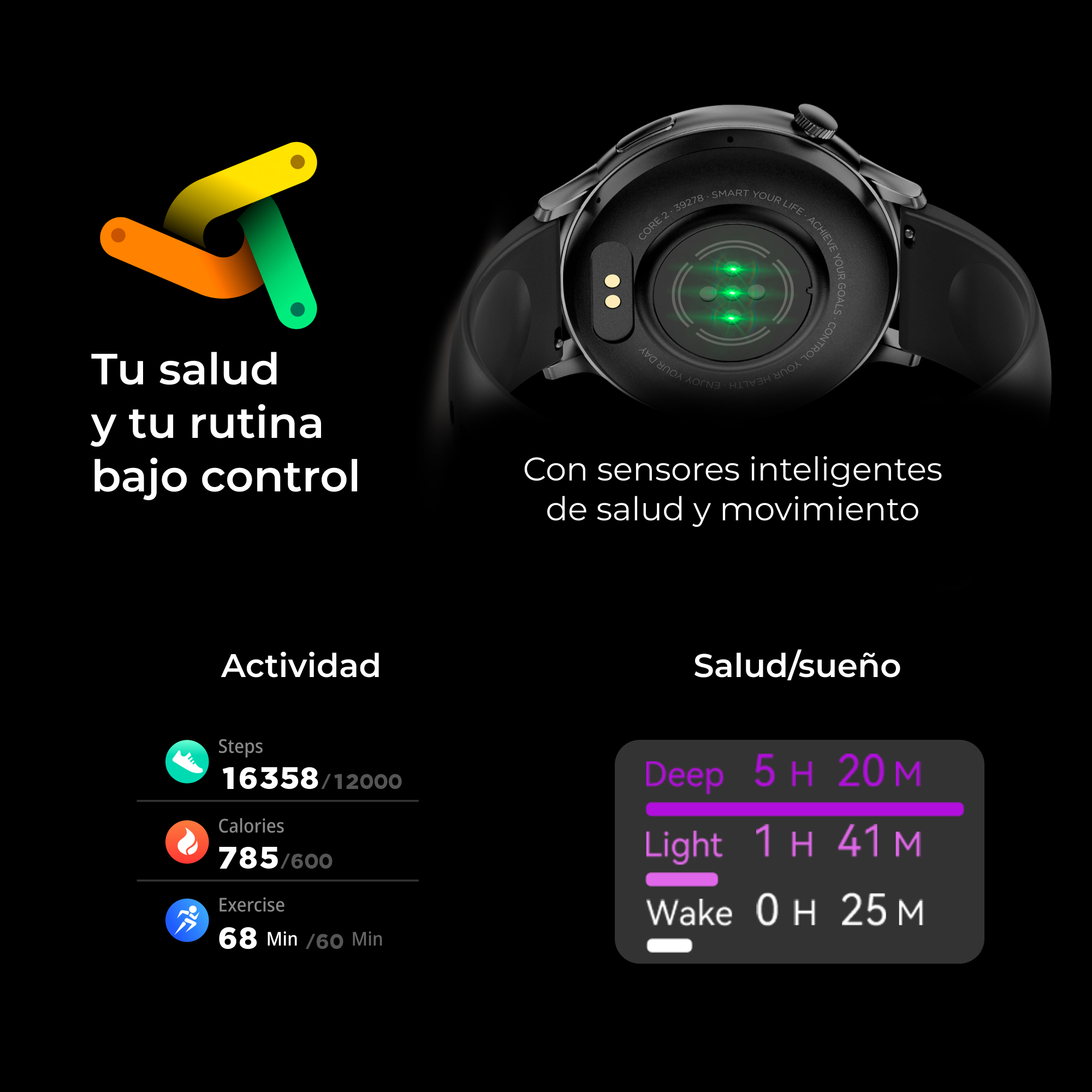 Reloj inteligente con datos de salud. Incluye conteo de pasos, calorías quemadas y datos de sueño.