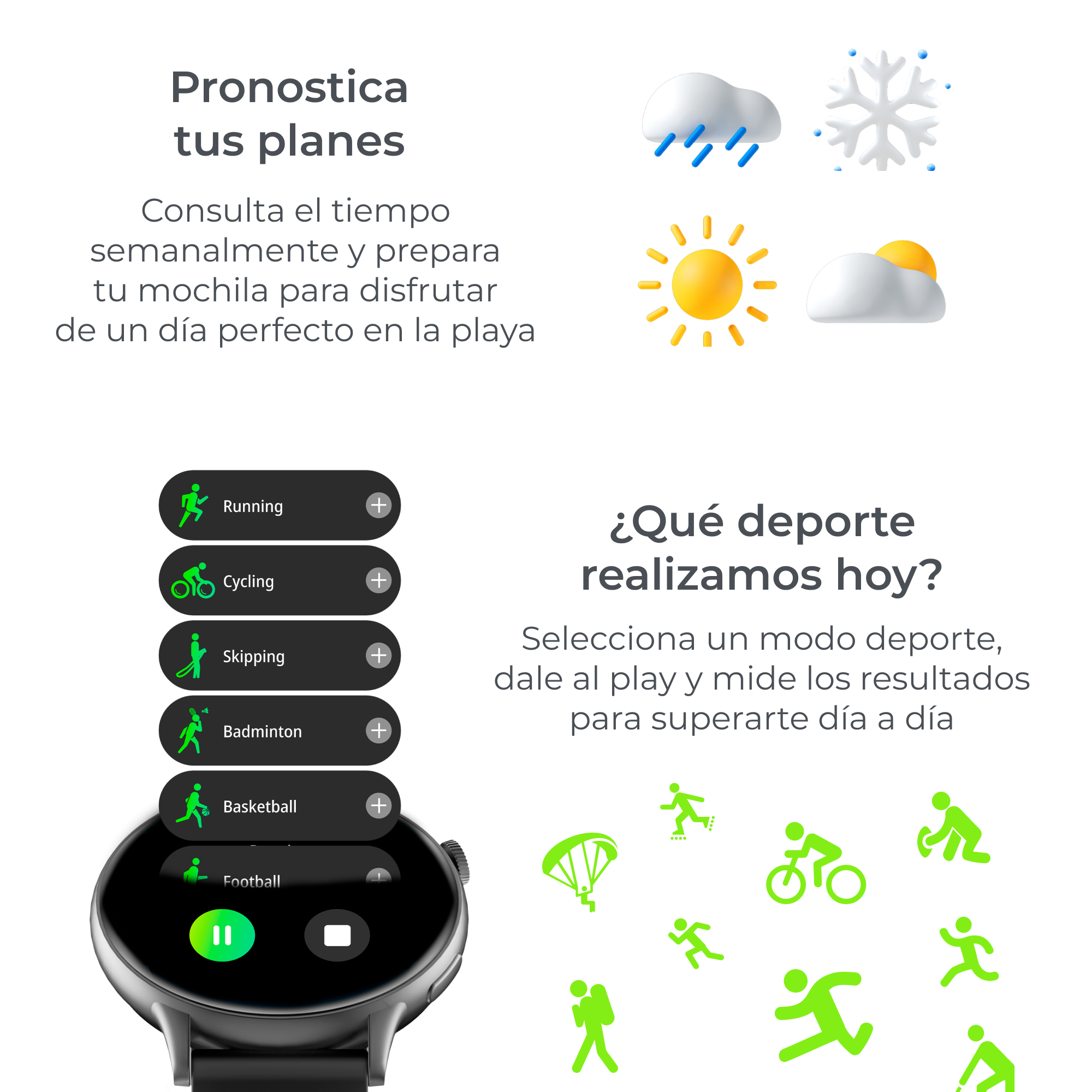 Un reloj inteligente con modos deportivos. Se muestran una variedad de iconos deportivos alrededor del reloj.