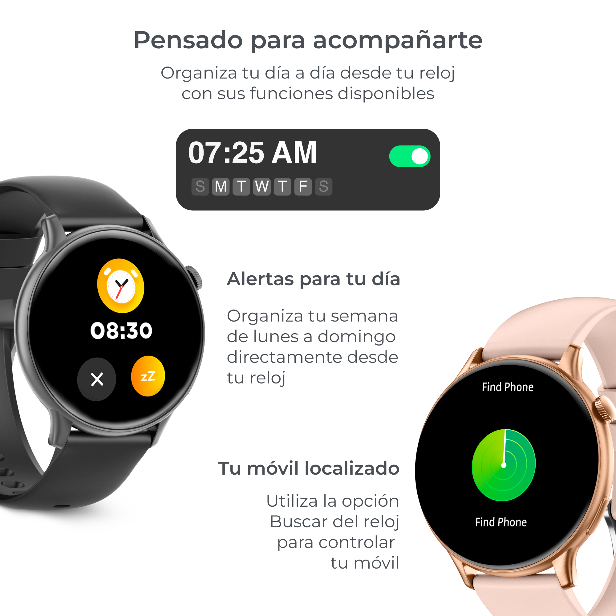 Dos smartwatches, uno negro y otro oro rosa, con hora y función de búsqueda de teléfono en las pantallas.