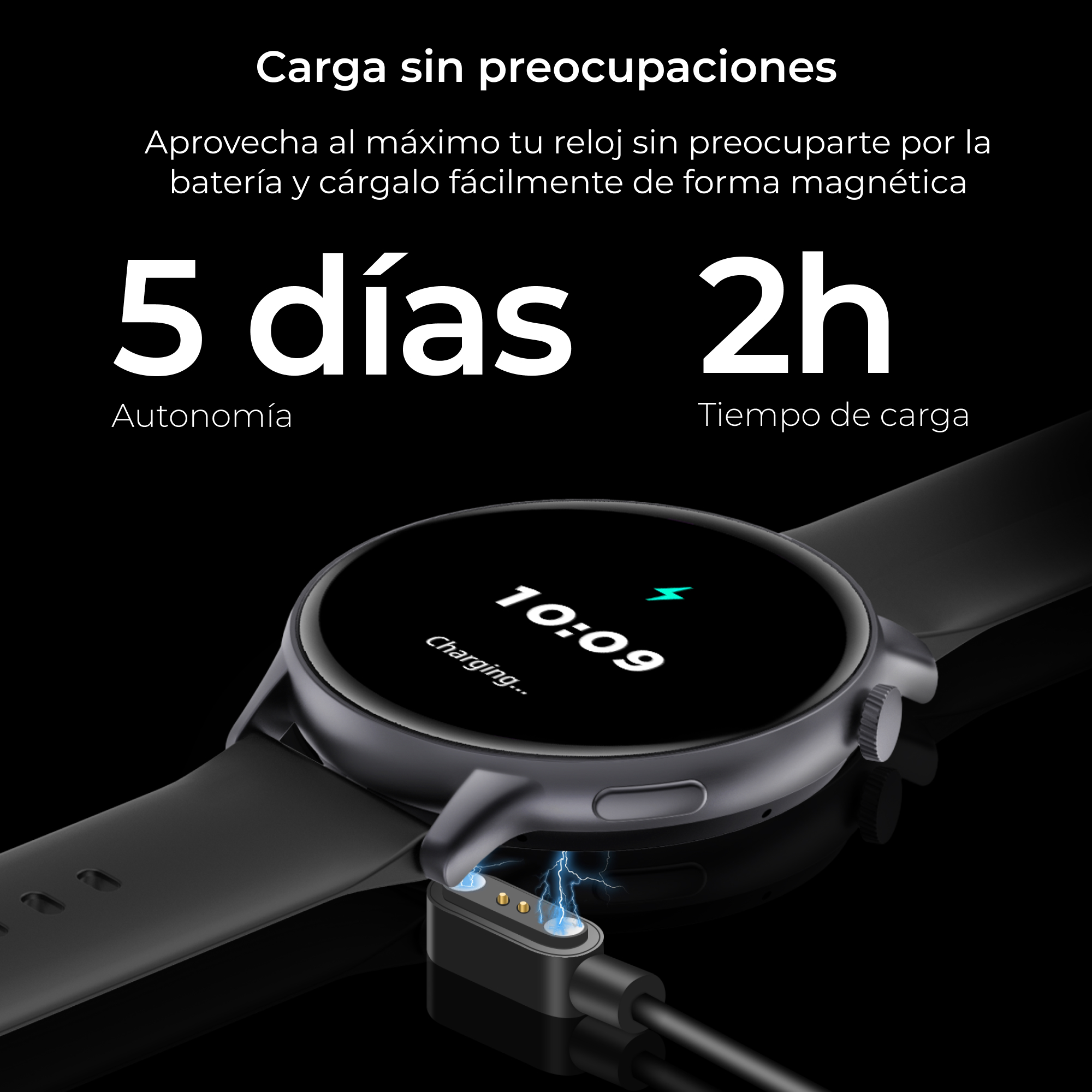 Smartwatch cargando con cable. Pantalla muestra la hora y el símbolo de carga. Fondo negro.