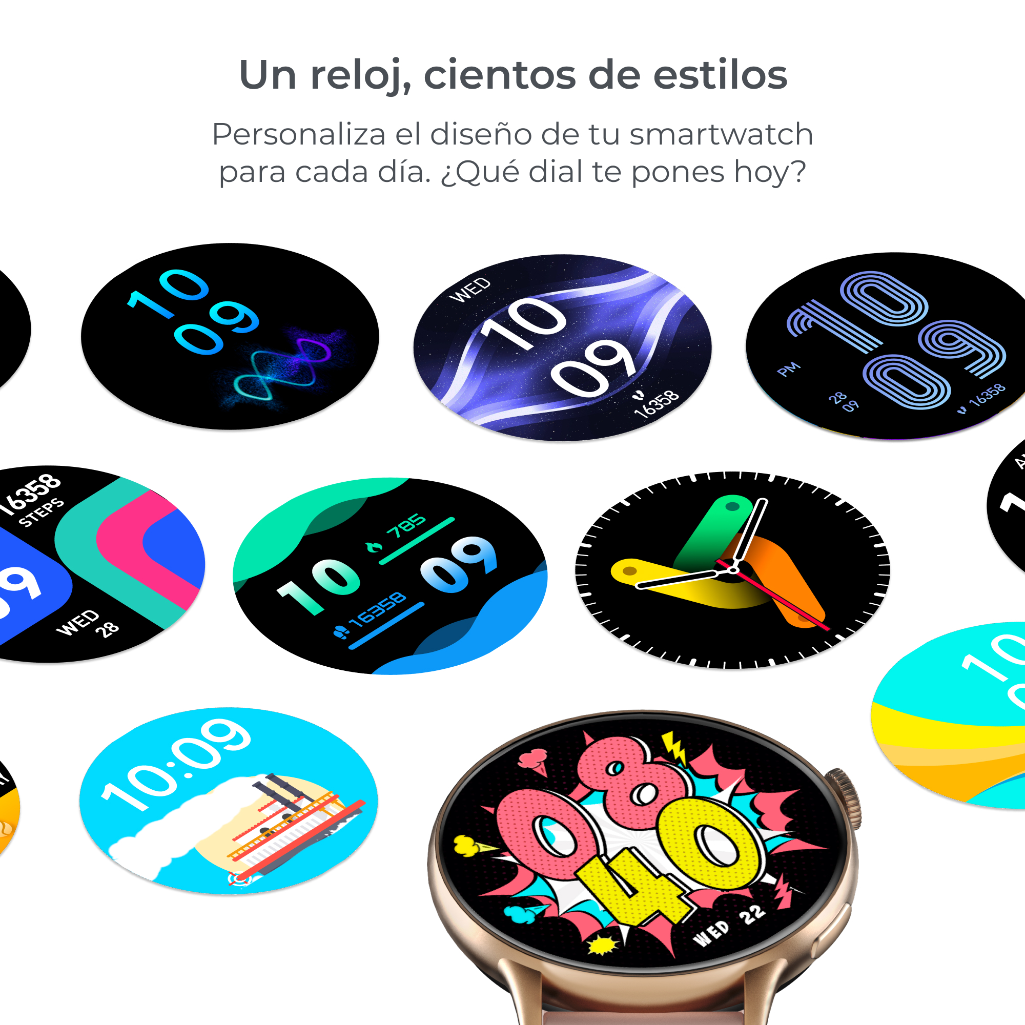 Primer plano de varias esferas de reloj inteligente. Cada esfera muestra diferentes diseños y visualizaciones de la hora.