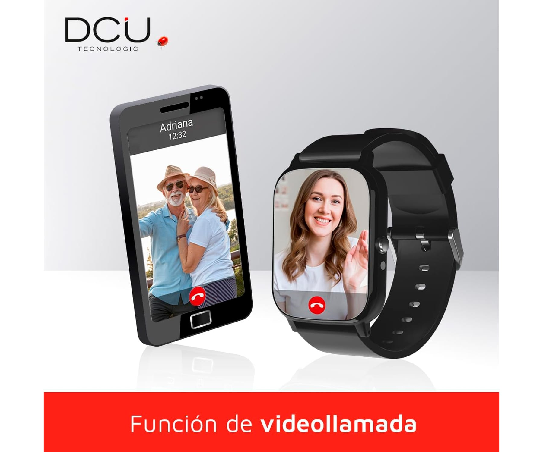 Smartfon i smartwatch podczas rozmów wideo, z czerwonym przyciskiem połączenia na każdym ekranie.