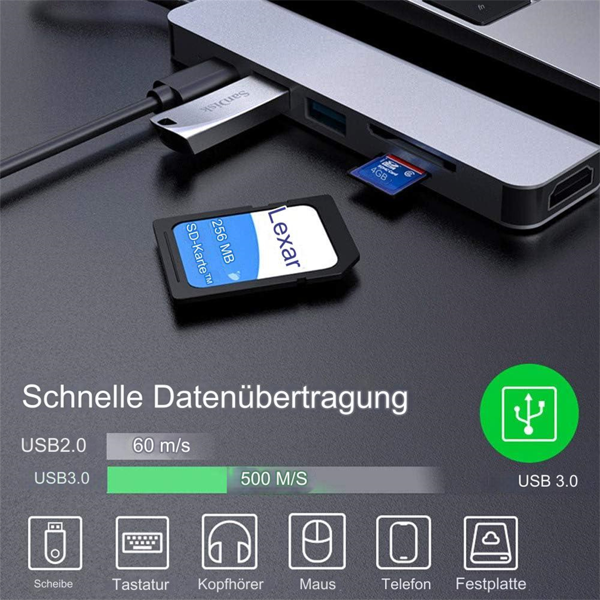 Nahaufnahme eines Laptops mit USB-Hub, SD-Karte und anderem Zubehör.