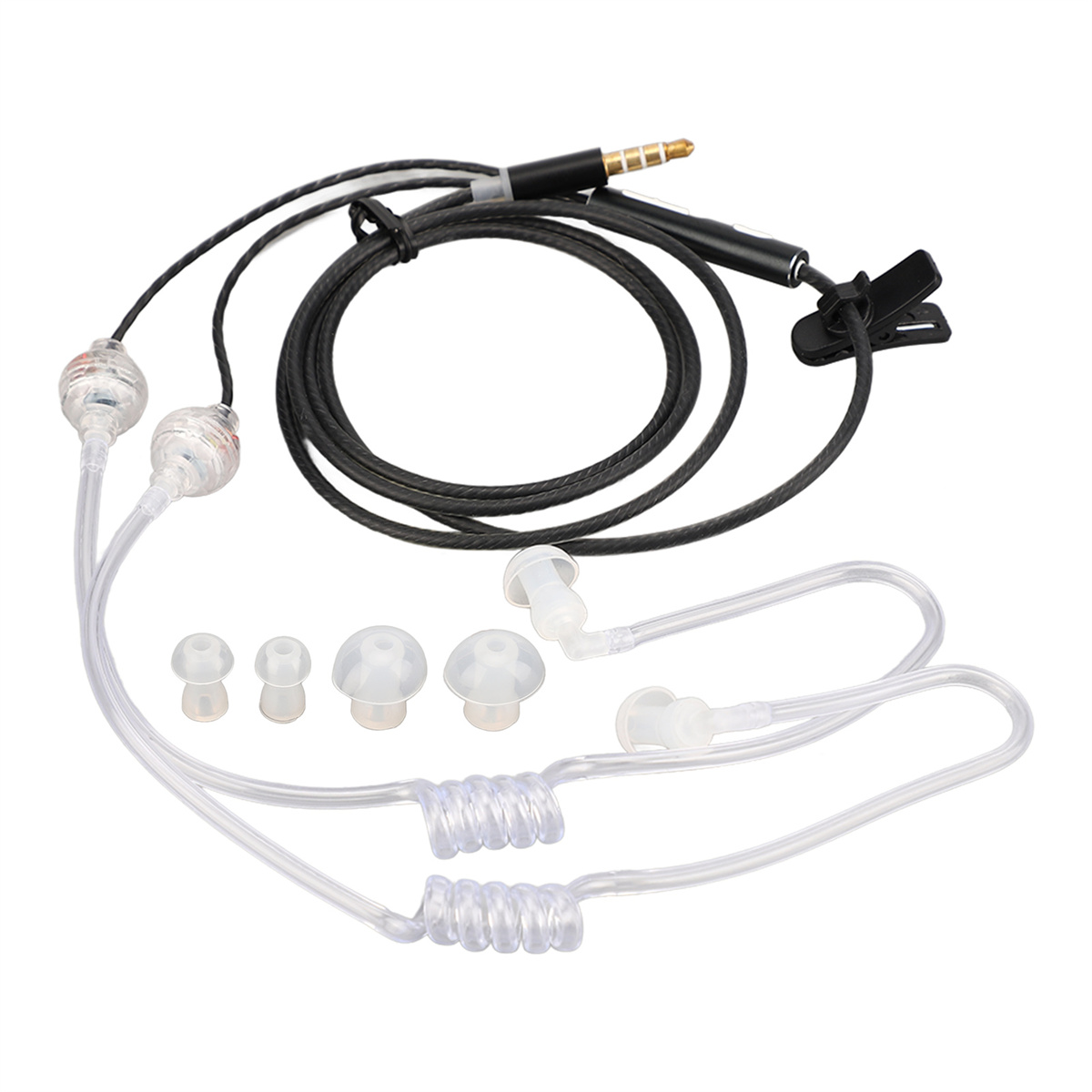 In-Ear-Kopfhörer mit verschiedenen Ohrstöpselgrößen und einem Clip. Schwarzes Kabel und silberfarbener Stecker.