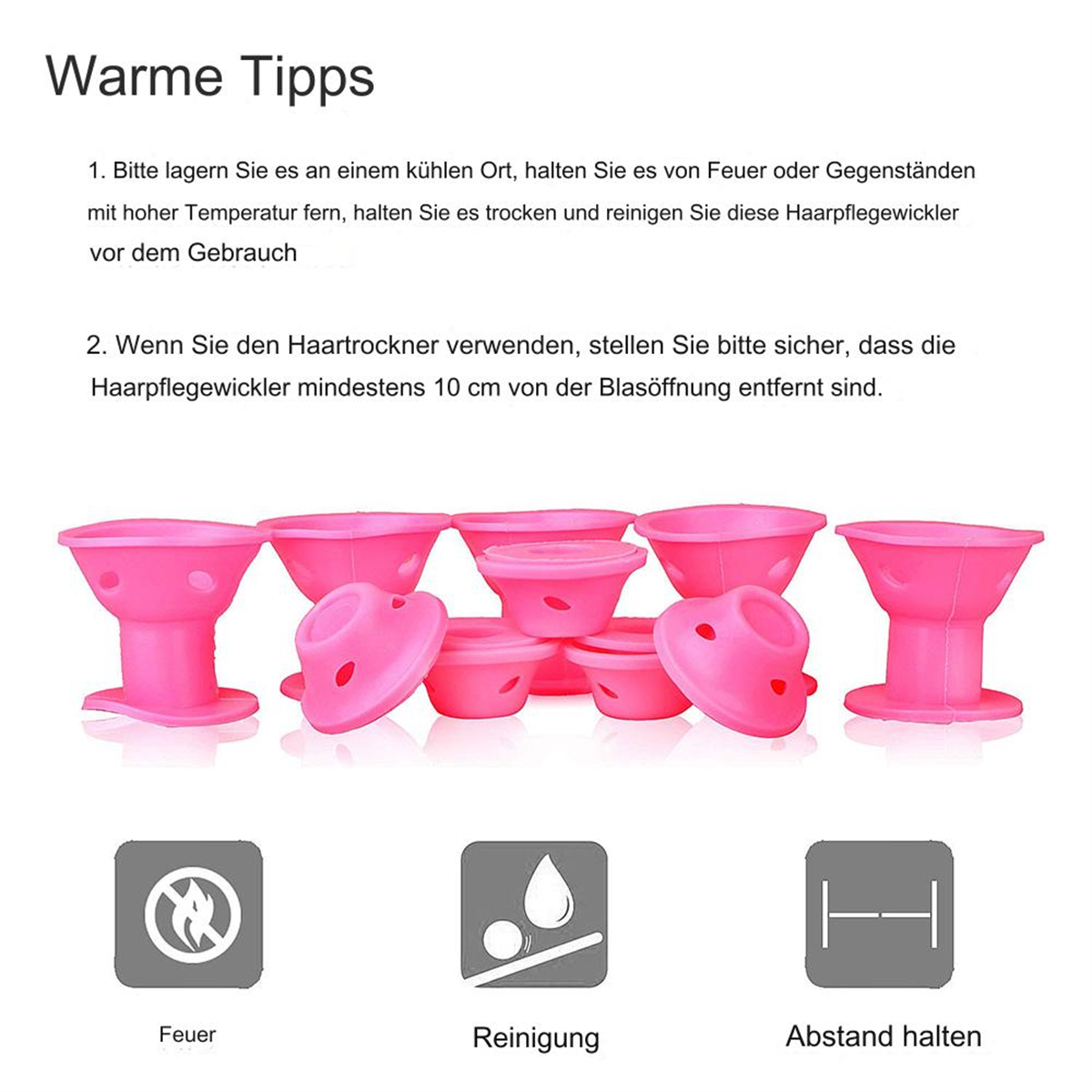 Pinke Lockenwickler und Anweisungen zu Feuer, Reinigung und Abstand.